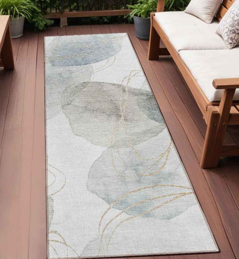 8' Ivory Blue And Gray Abstract Washable Indoor Outdoor Runner Rug