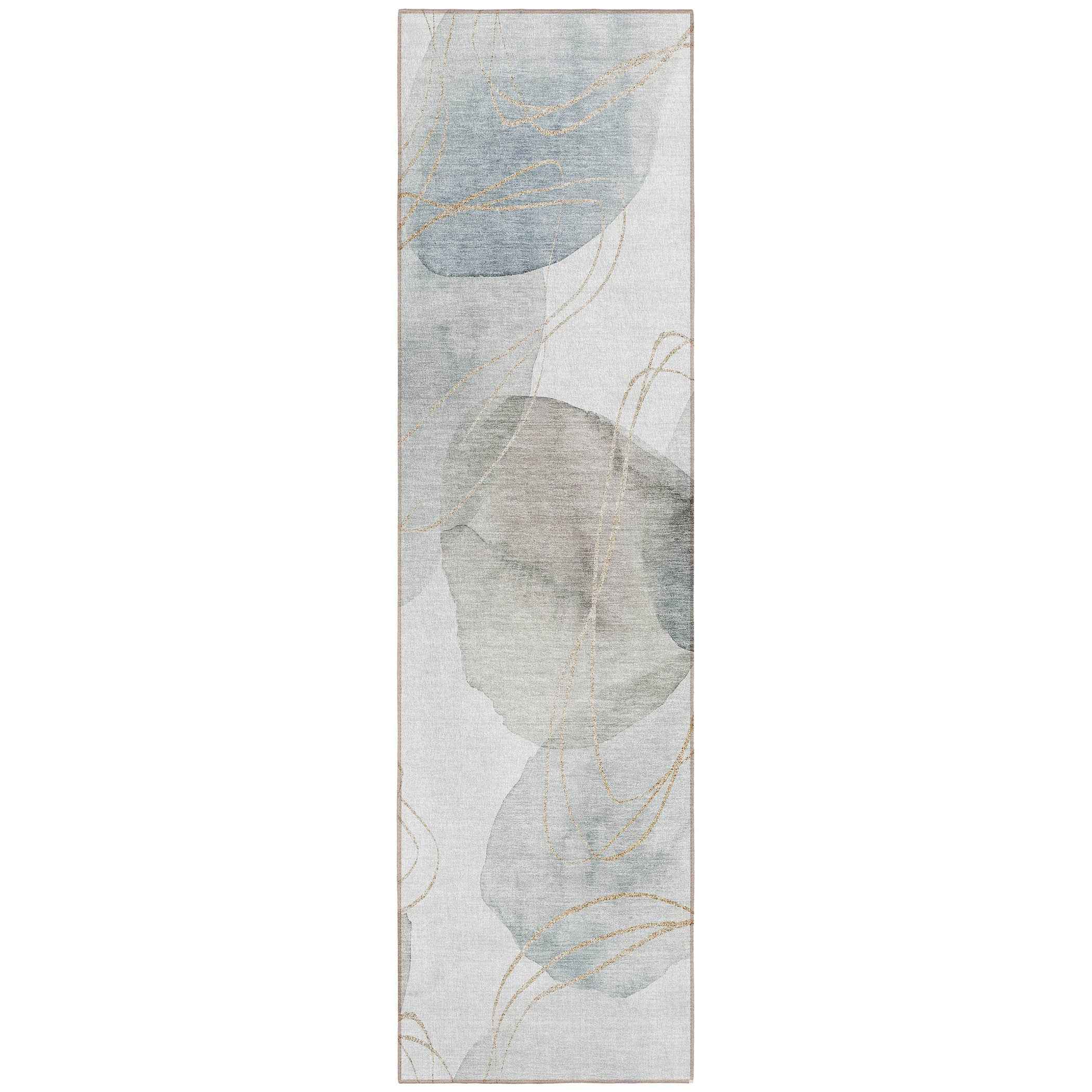 8' Ivory Blue And Gray Abstract Washable Indoor Outdoor Runner Rug