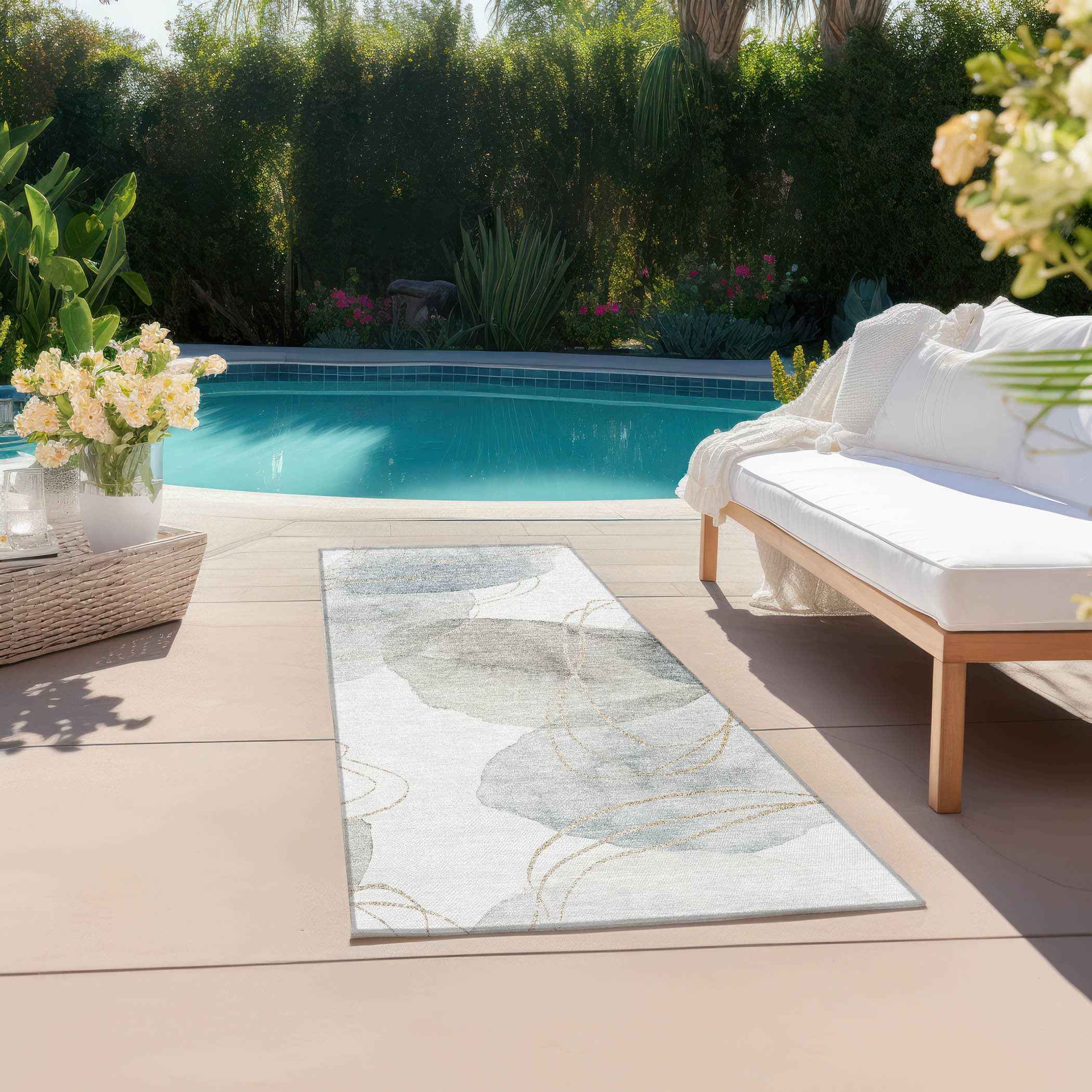 8' Ivory Blue And Gray Abstract Washable Indoor Outdoor Runner Rug