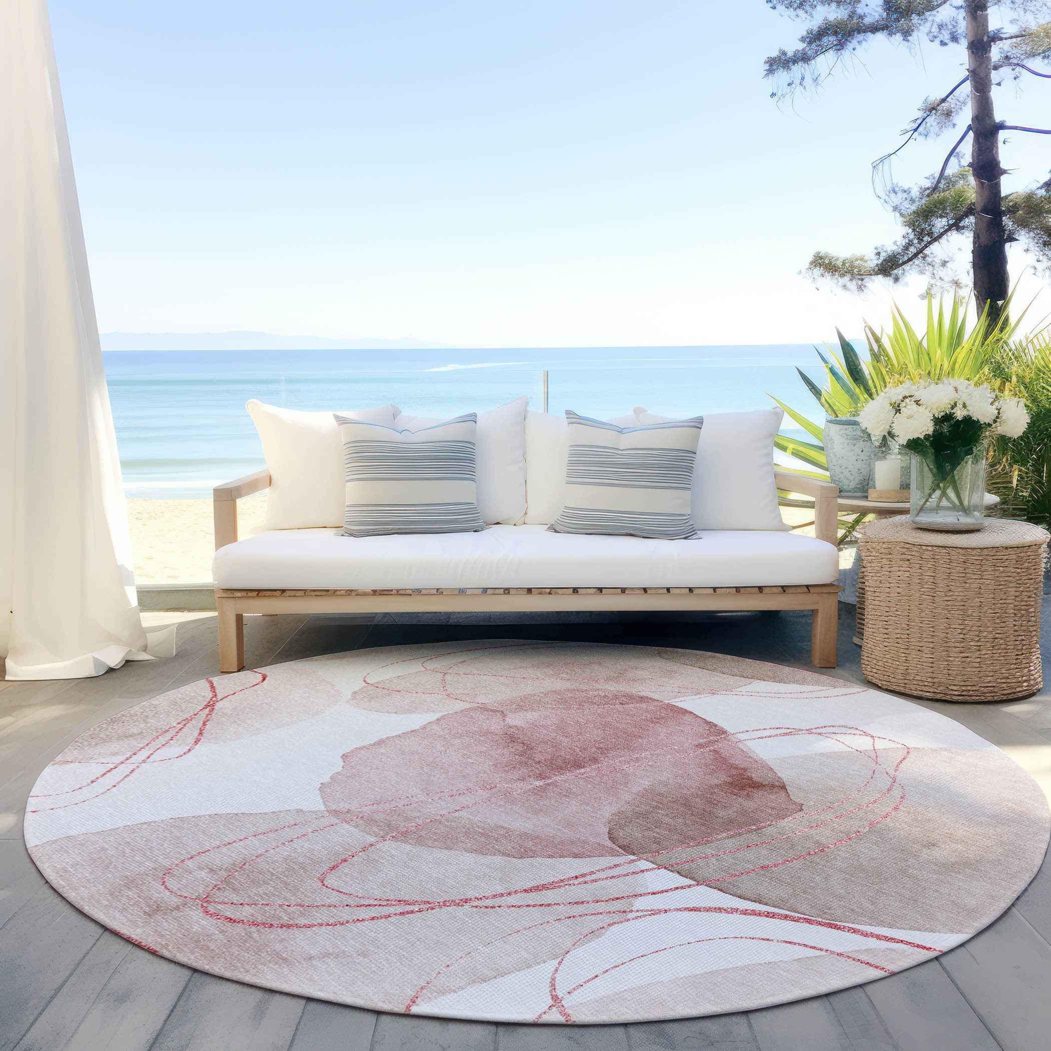 8' Round Merlot and Ivory Round Abstract Washable Non Skid Indoor Outdoor Area Rug