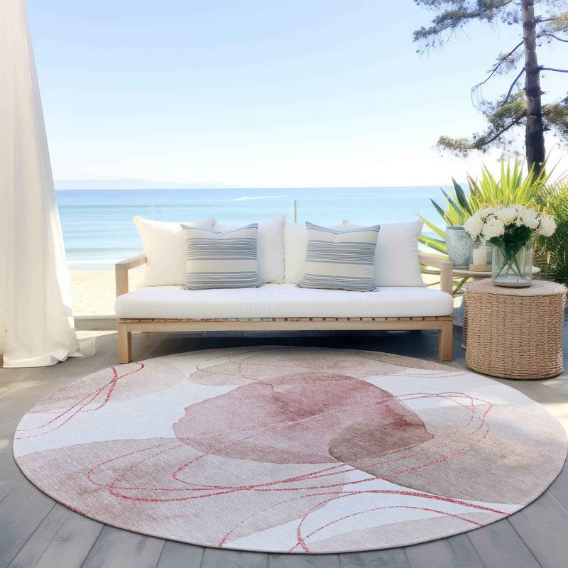 8' Round Merlot and Ivory Round Abstract Washable Non Skid Indoor Outdoor Area Rug