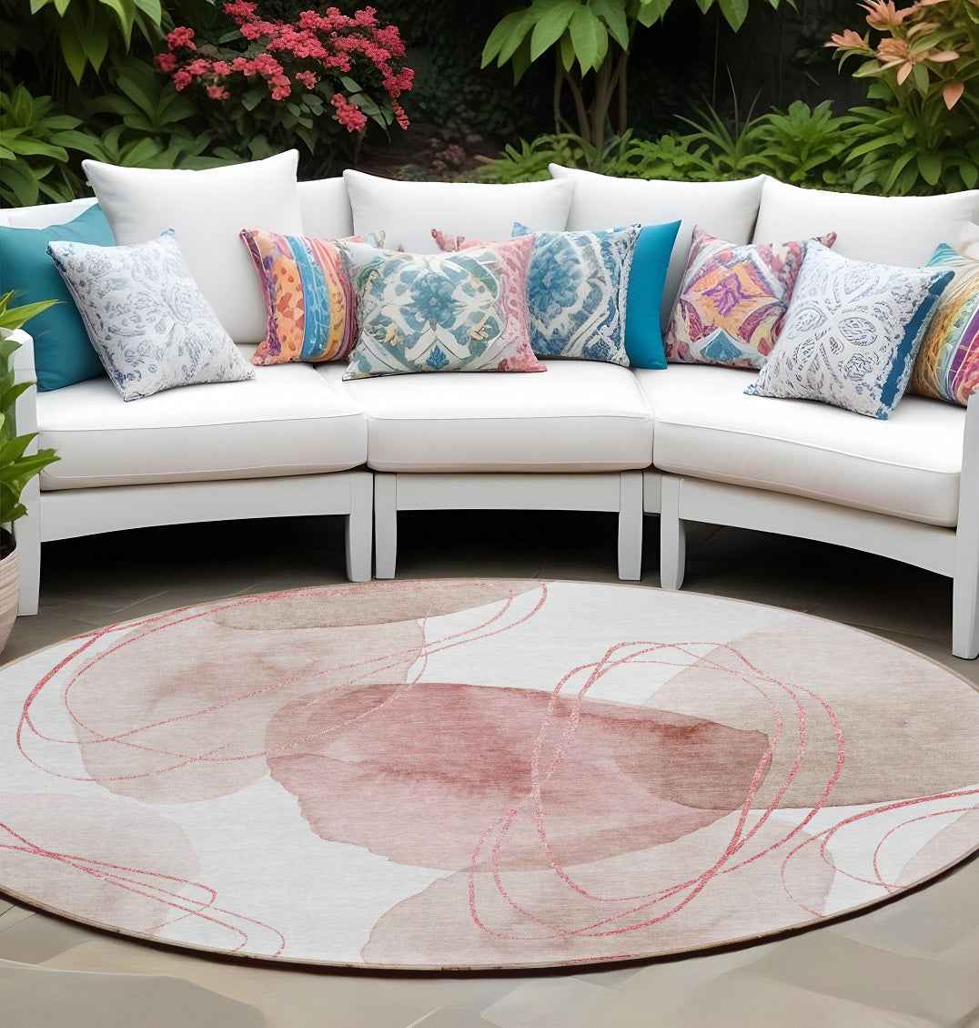 8' Round Merlot and Ivory Round Abstract Washable Non Skid Indoor Outdoor Area Rug