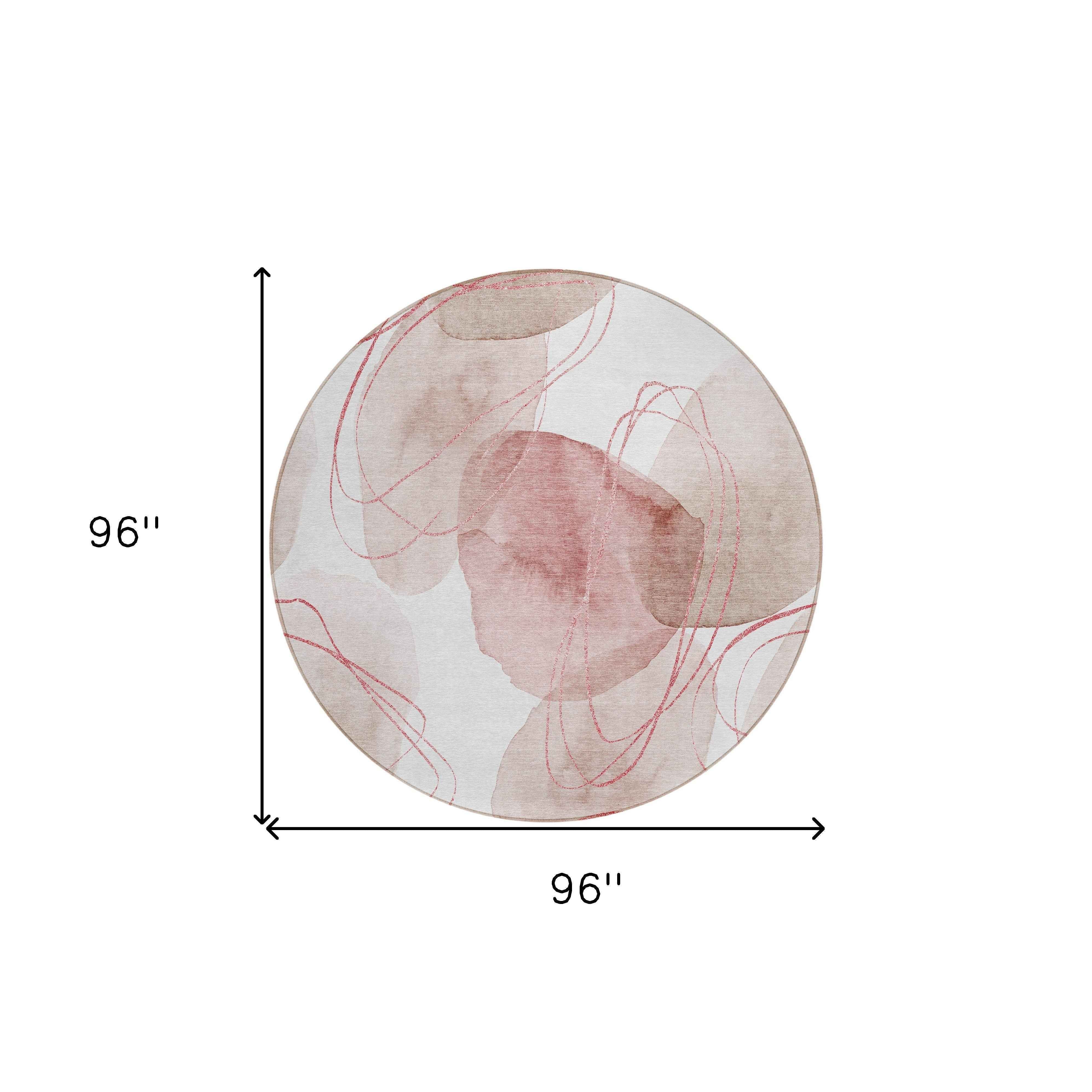 8' Round Merlot and Ivory Round Abstract Washable Non Skid Indoor Outdoor Area Rug