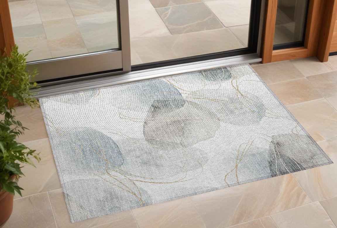 2' X 3' Ivory Blue and Gray Abstract Washable Non Skid Indoor Outdoor Area Rug