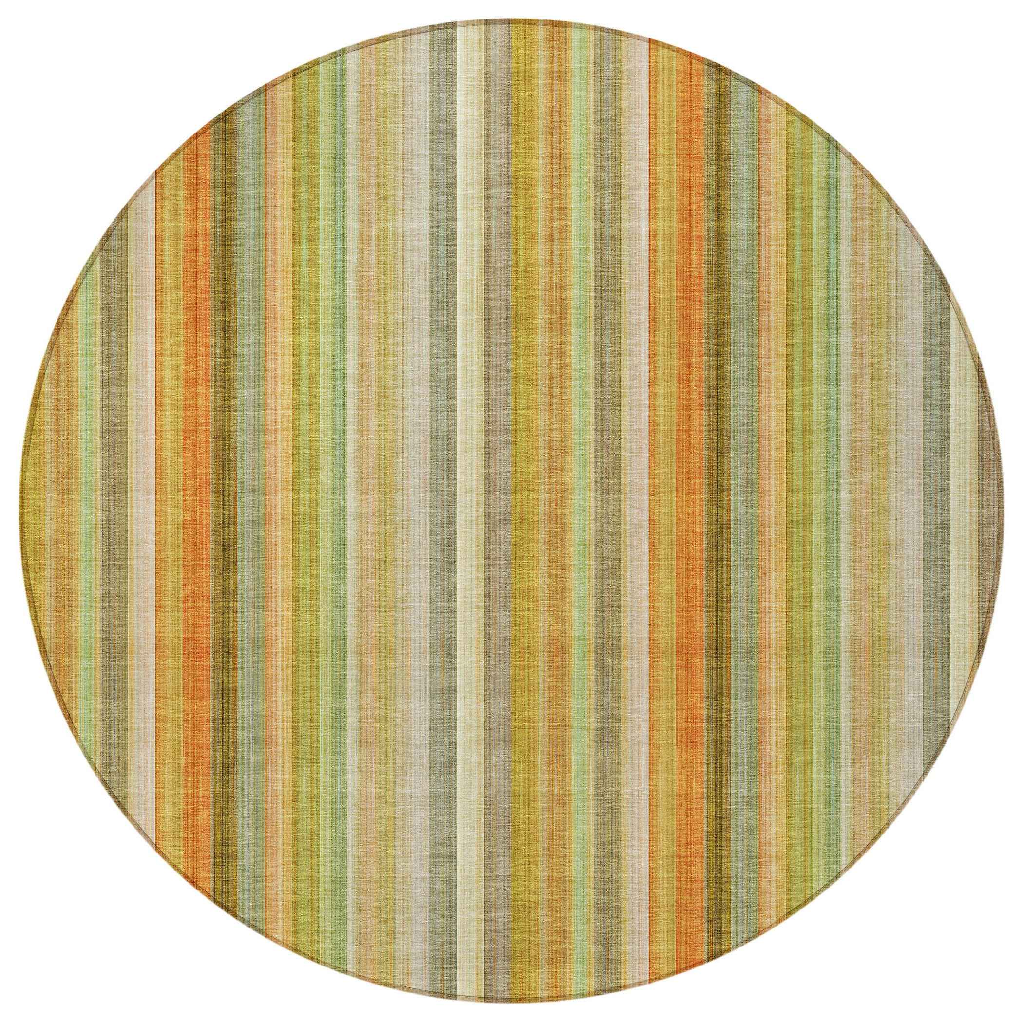 8' Round Tan Orange and Green Round Striped Washable Non Skid Indoor Outdoor Area Rug
