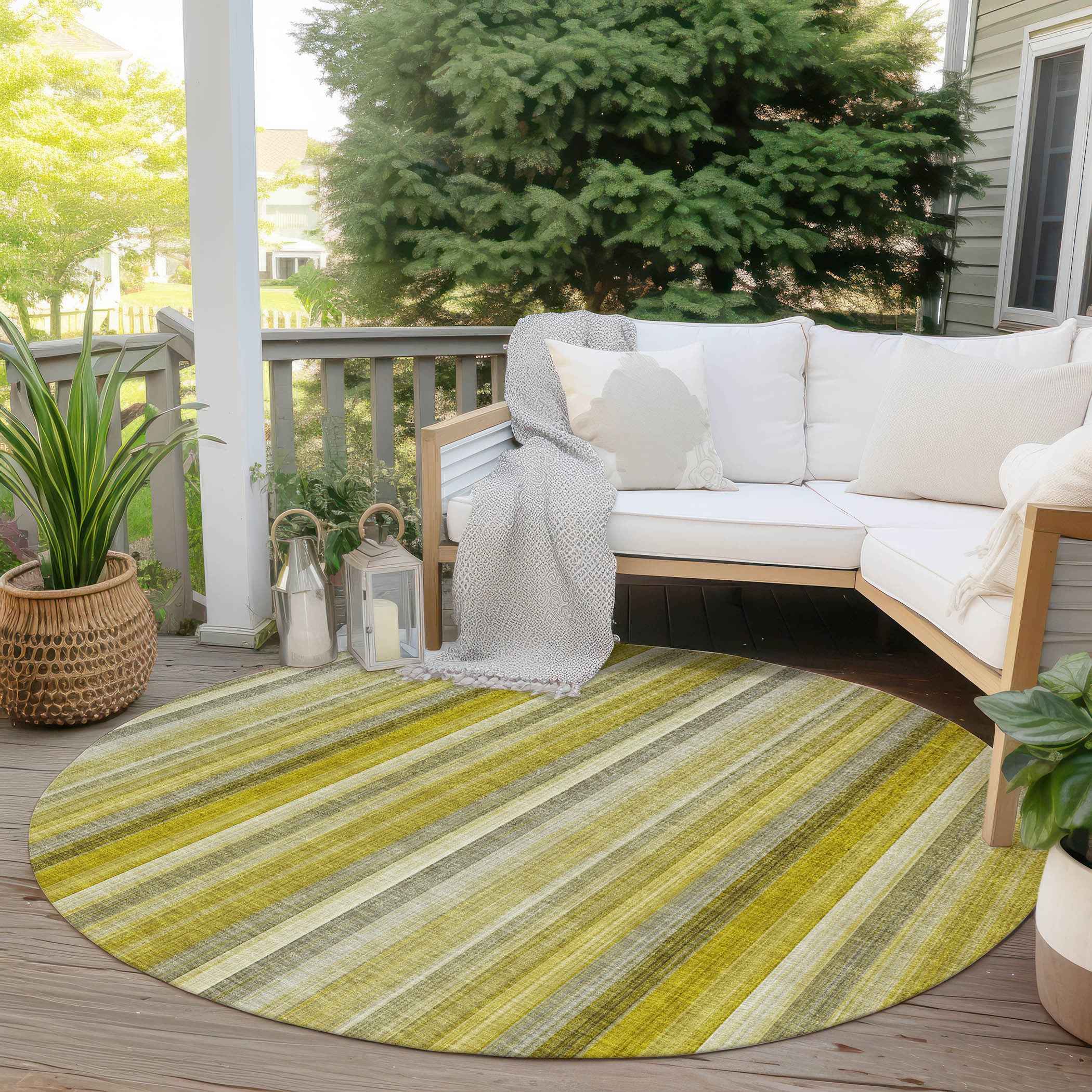 8' Round Gold Round Striped Washable Non Skid Indoor Outdoor Area Rug