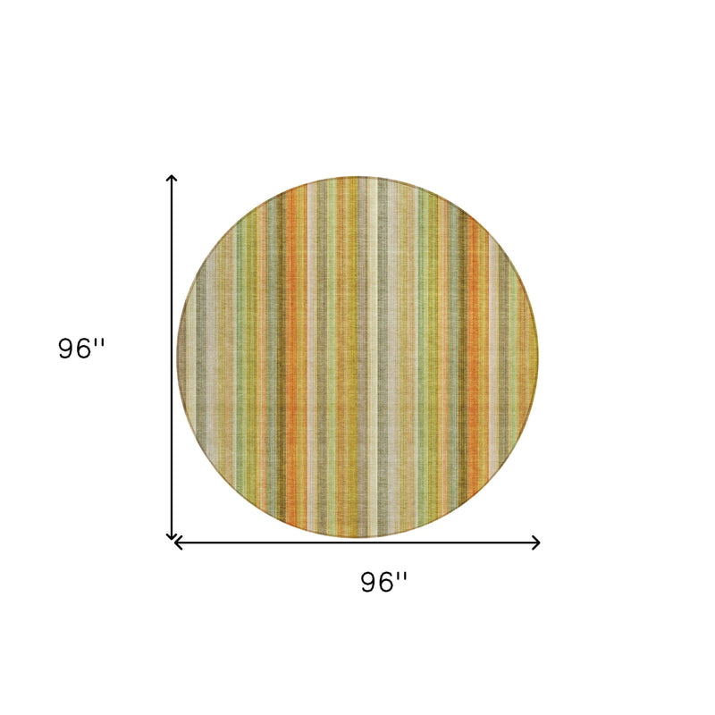 8' Round Tan Orange and Green Round Striped Washable Non Skid Indoor Outdoor Area Rug