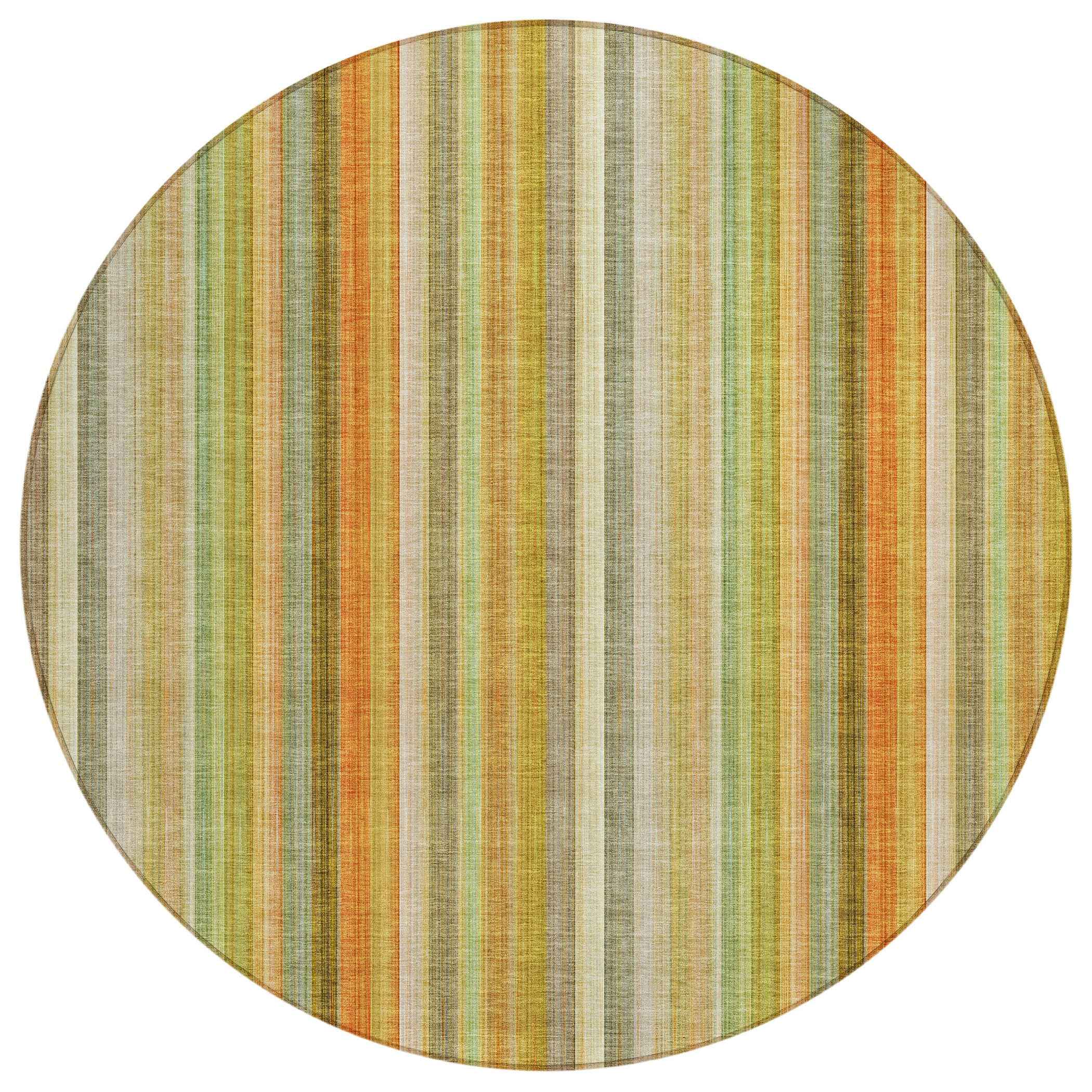 8' Round Tan Orange and Green Round Striped Washable Non Skid Indoor Outdoor Area Rug