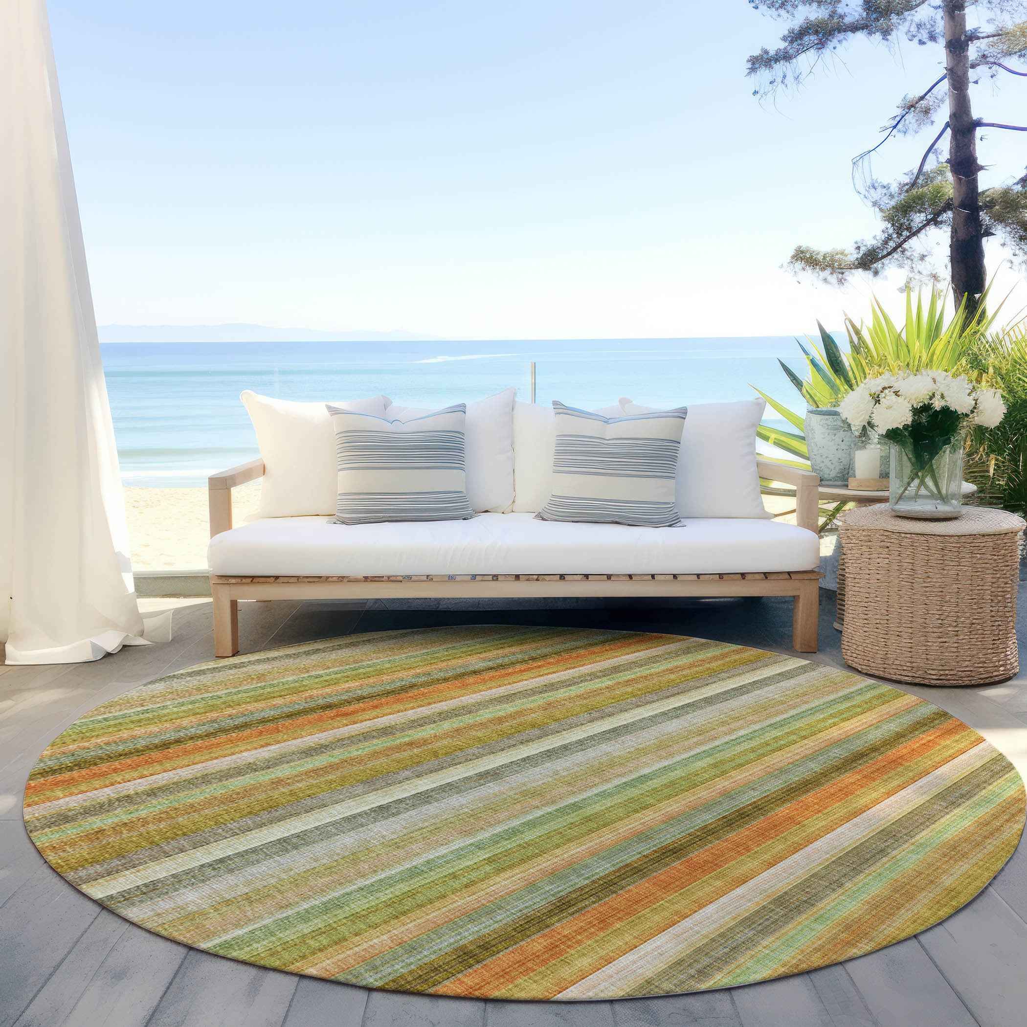 8' Round Tan Orange and Green Round Striped Washable Non Skid Indoor Outdoor Area Rug
