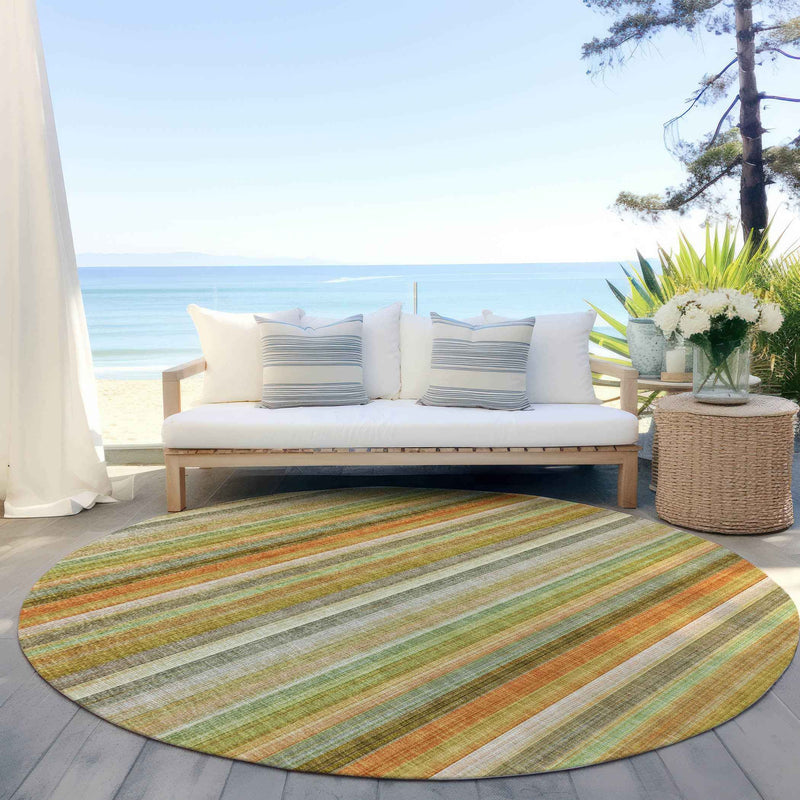 8' Round Tan Orange and Green Round Striped Washable Non Skid Indoor Outdoor Area Rug