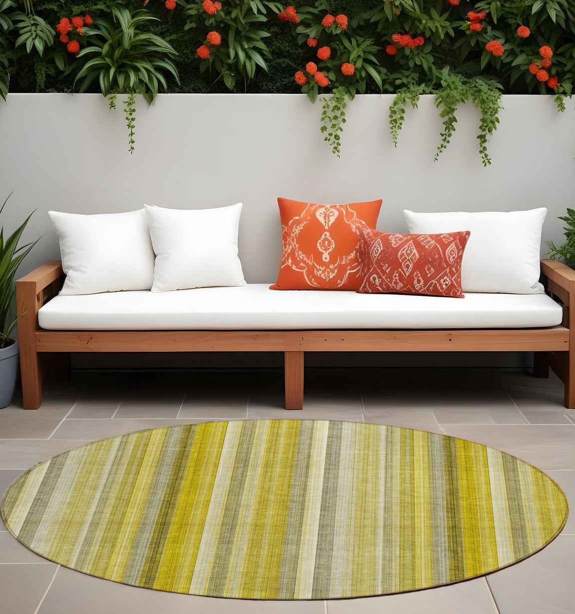 8' Round Gold Round Striped Washable Non Skid Indoor Outdoor Area Rug