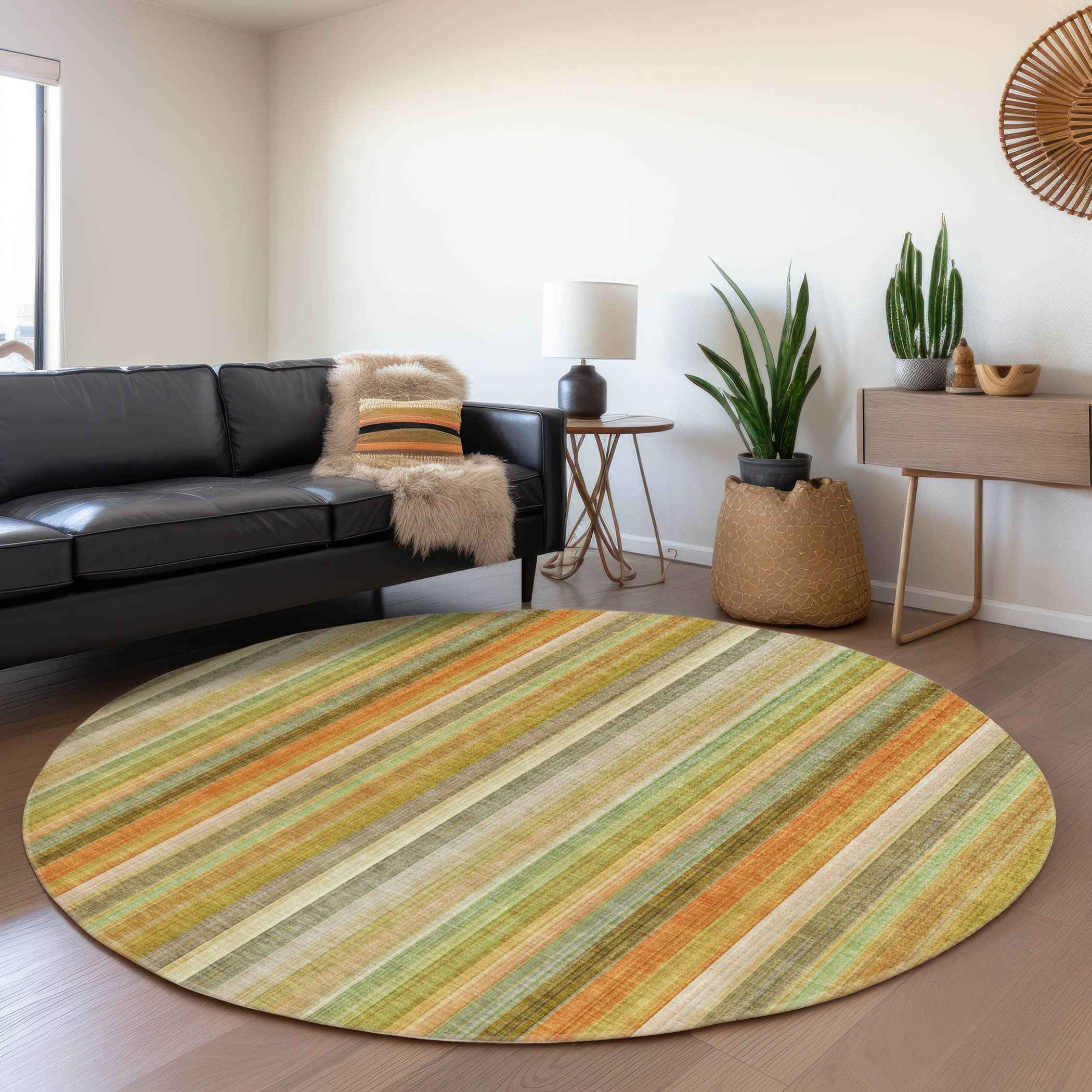 8' Round Tan Orange and Green Round Striped Washable Non Skid Indoor Outdoor Area Rug