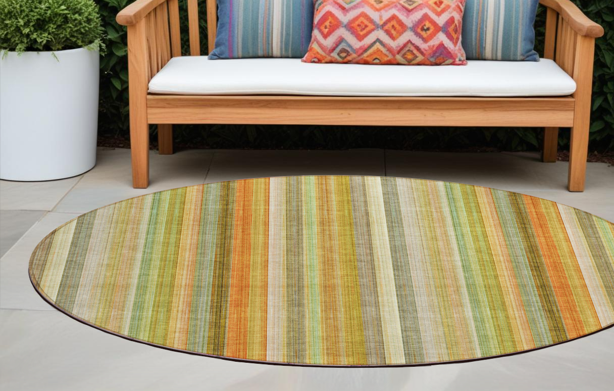 8' Round Tan Orange and Green Round Striped Washable Non Skid Indoor Outdoor Area Rug