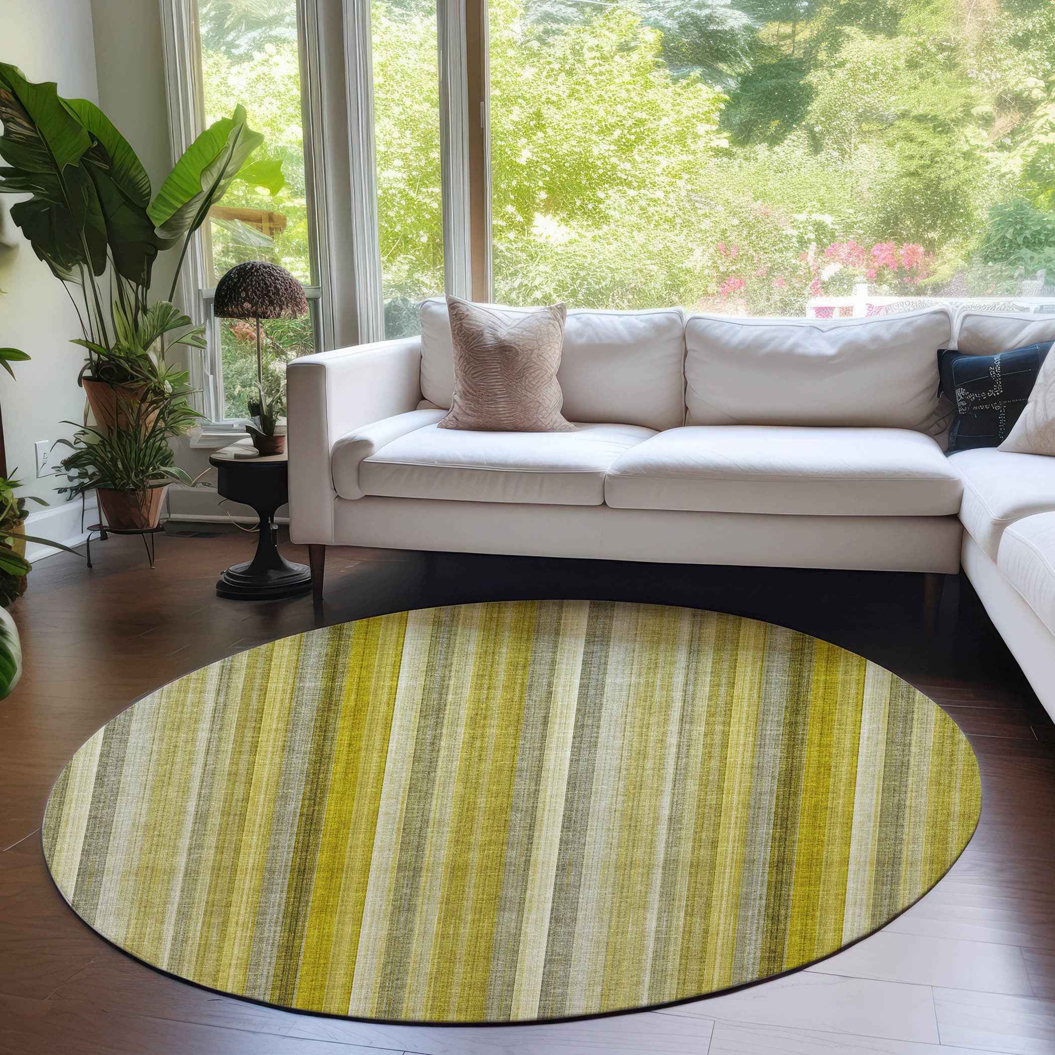 8' Round Gold Round Striped Washable Non Skid Indoor Outdoor Area Rug