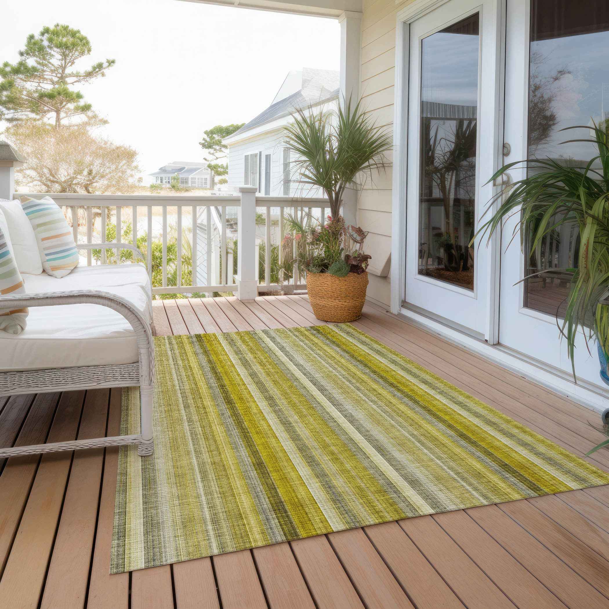 10' X 14' Gold Striped Washable Non Skid Indoor Outdoor Area Rug