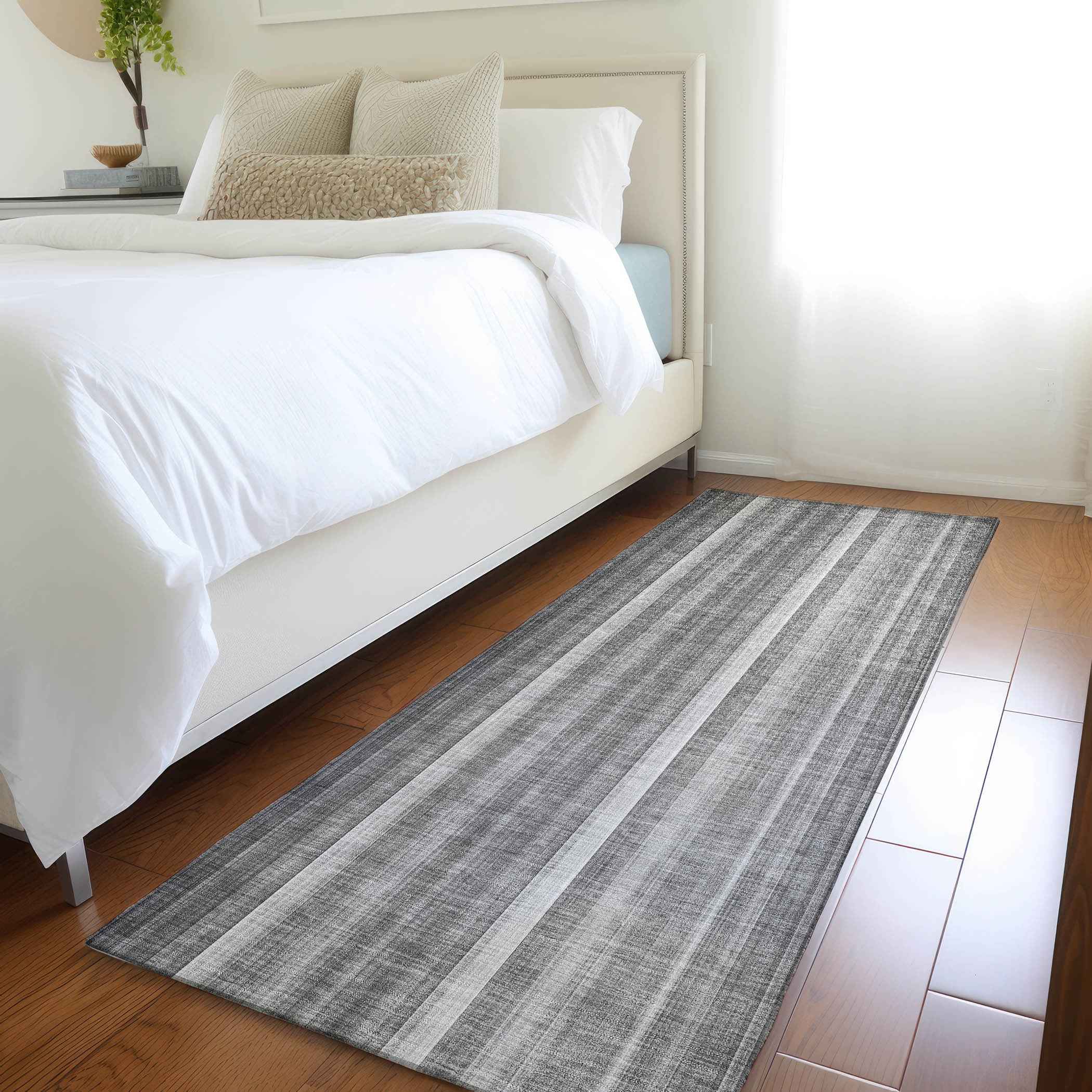 8' Runner Gray Striped Washable Non Skid Indoor Outdoor Runner Rug