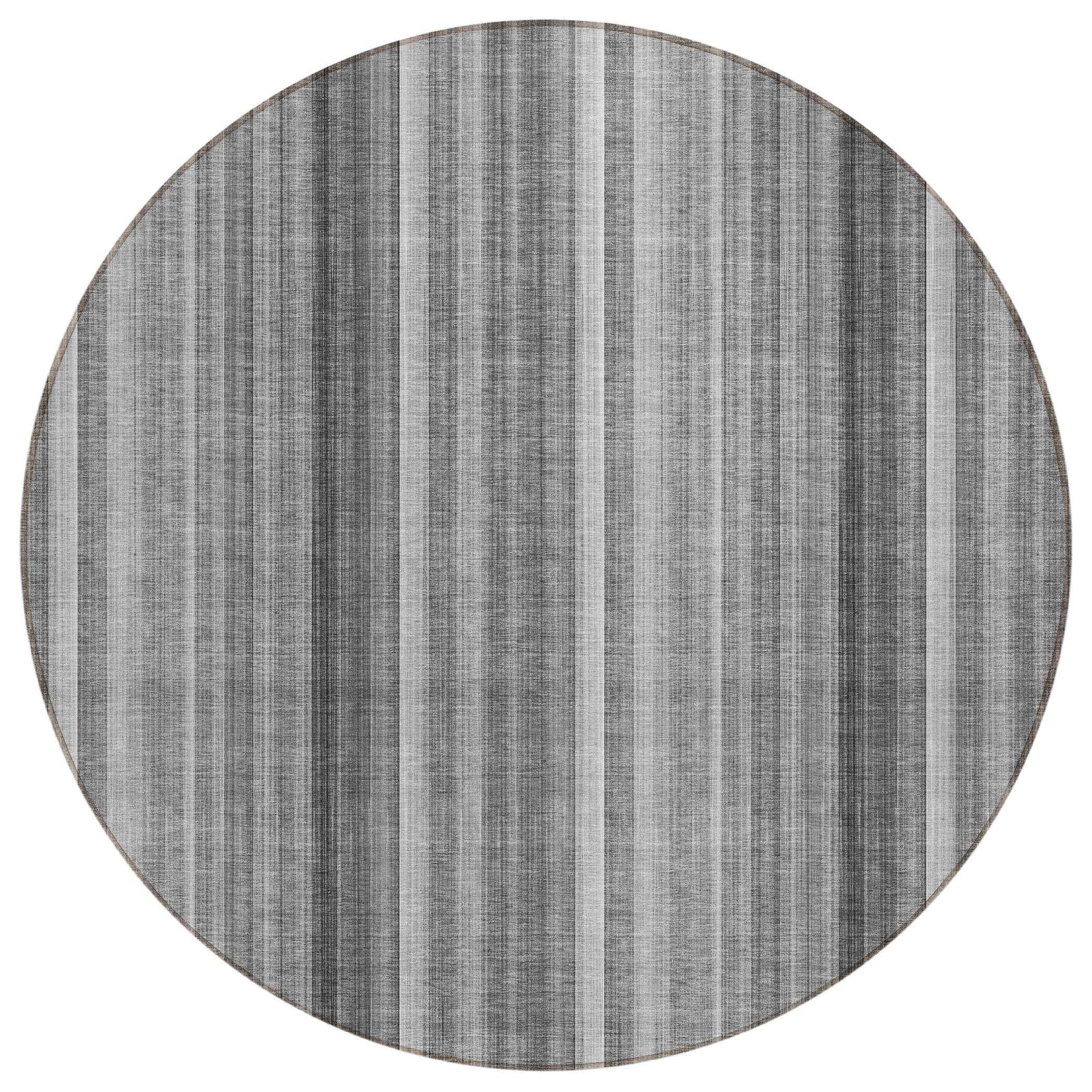 8' Round Gray Round Striped Washable Non Skid Indoor Outdoor Area Rug