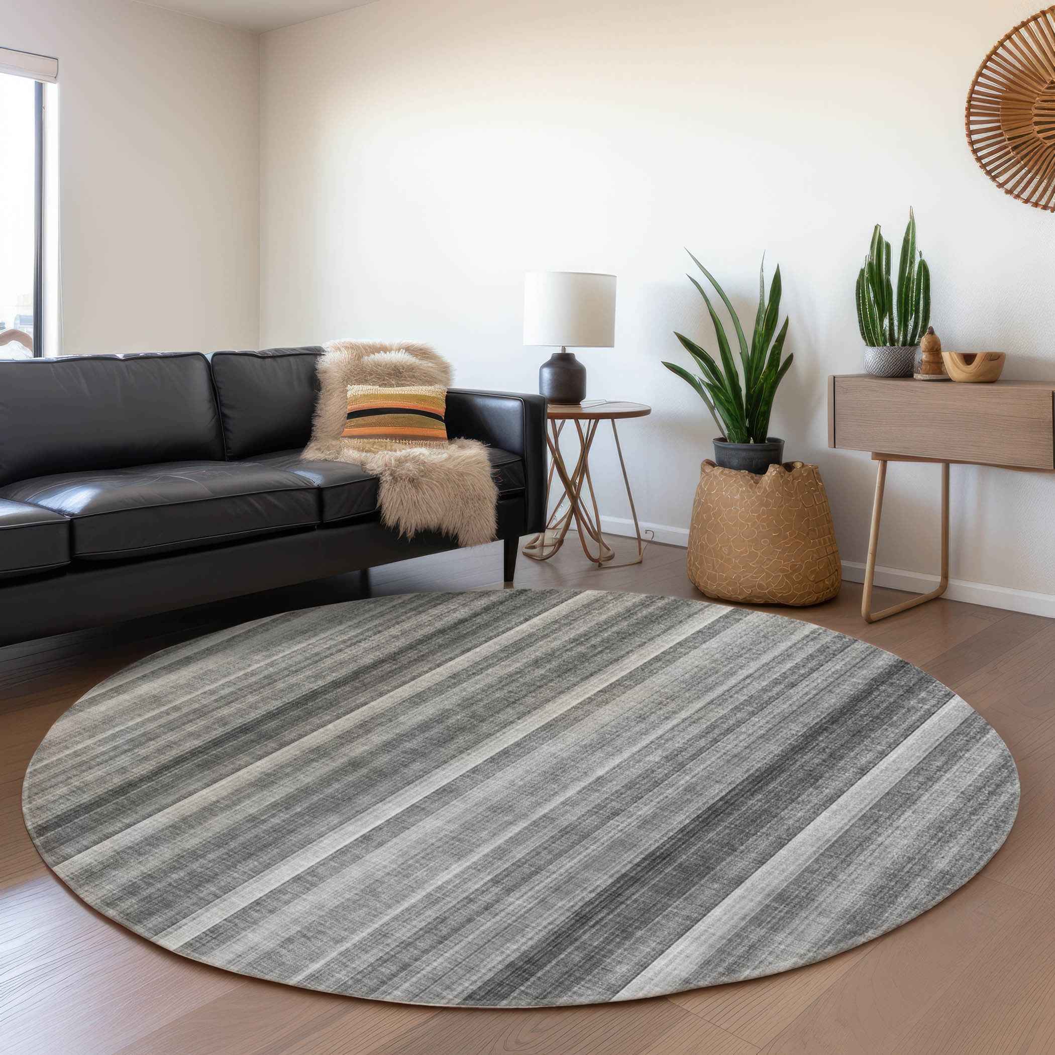 8' Round Gray Round Striped Washable Non Skid Indoor Outdoor Area Rug