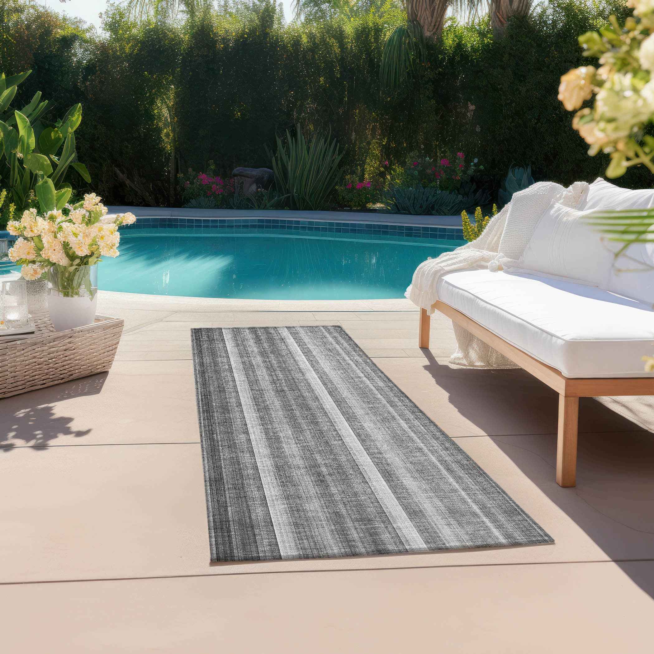 8' Runner Gray Striped Washable Non Skid Indoor Outdoor Runner Rug