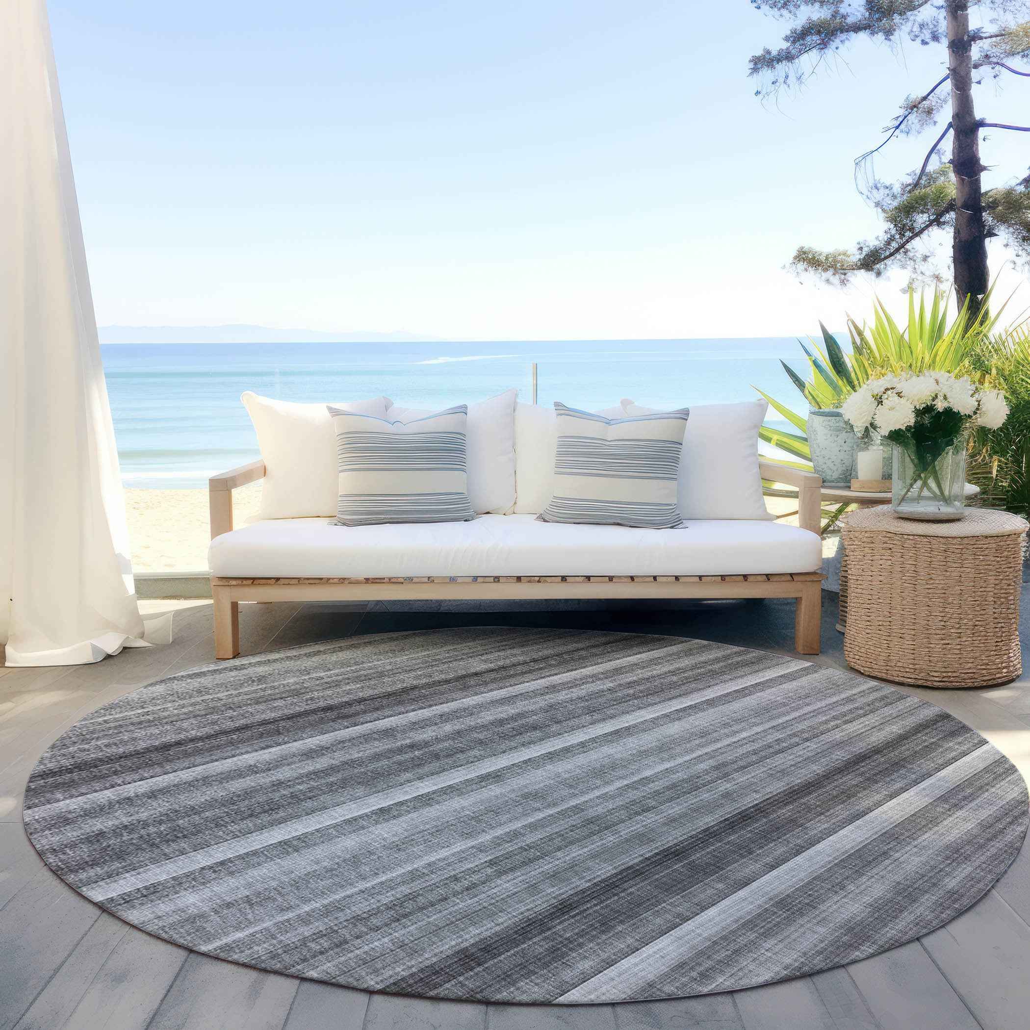 8' Round Gray Round Striped Washable Non Skid Indoor Outdoor Area Rug
