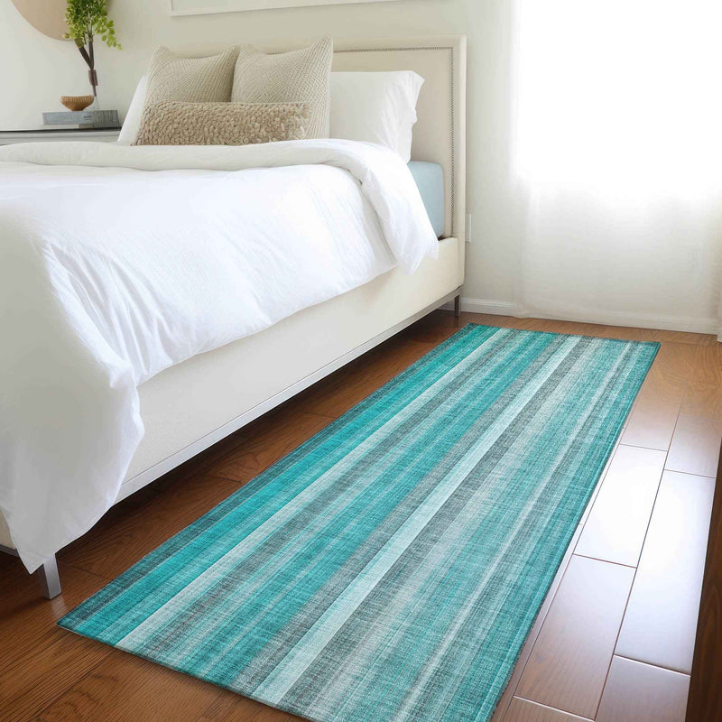 8' Runner Teal and Gray Striped Washable Non Skid Indoor Outdoor Runner Rug