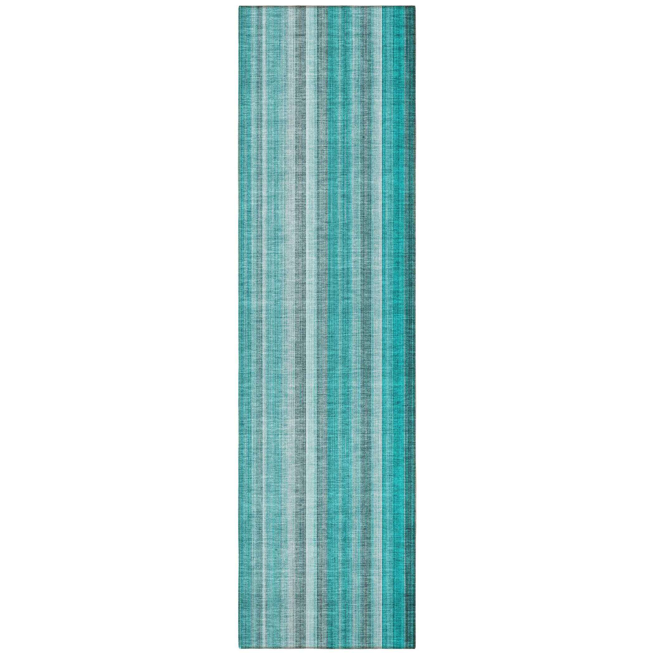 8' Runner Teal and Gray Striped Washable Non Skid Indoor Outdoor Runner Rug