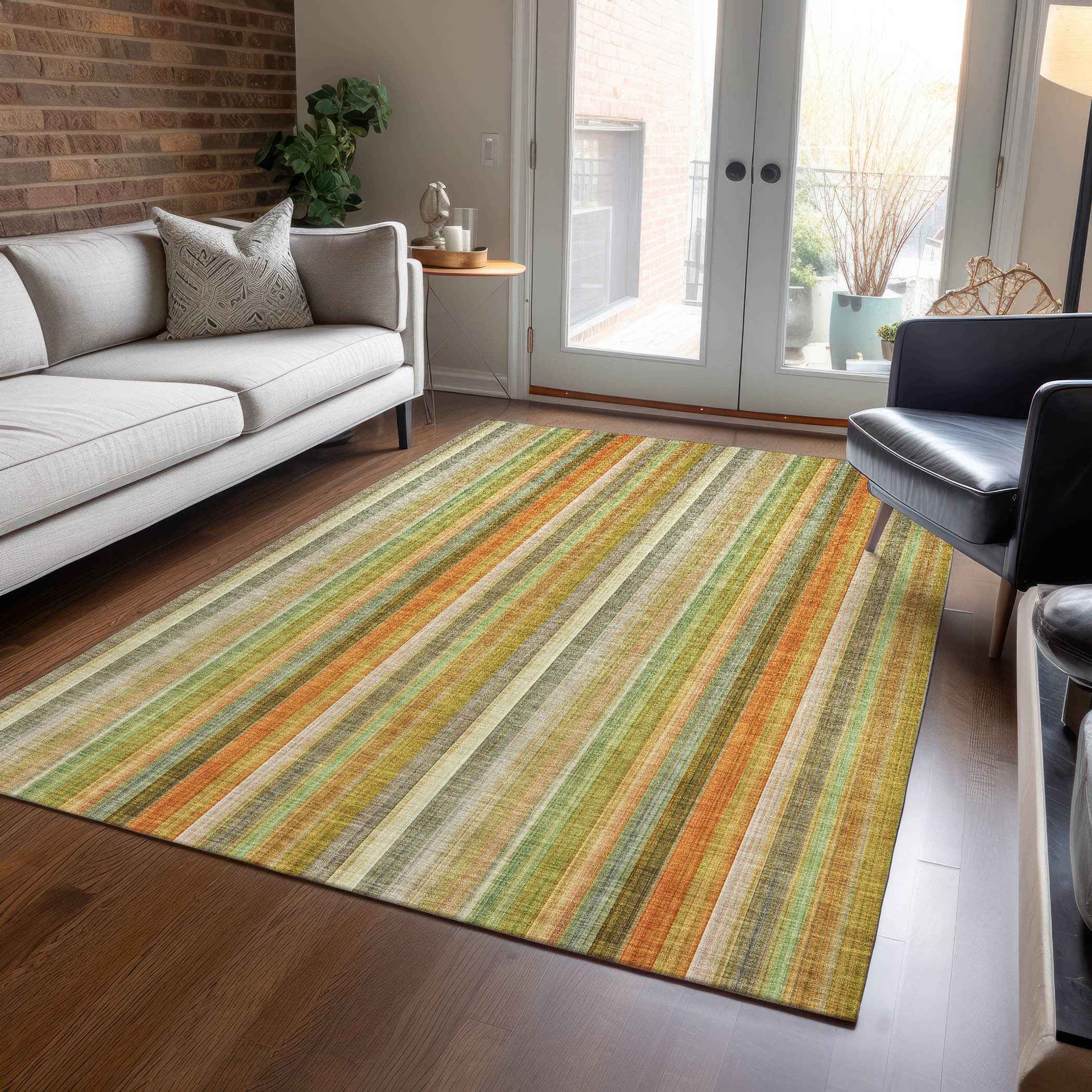 9' X 12' Tan Orange and Green Striped Washable Non Skid Indoor Outdoor Area Rug