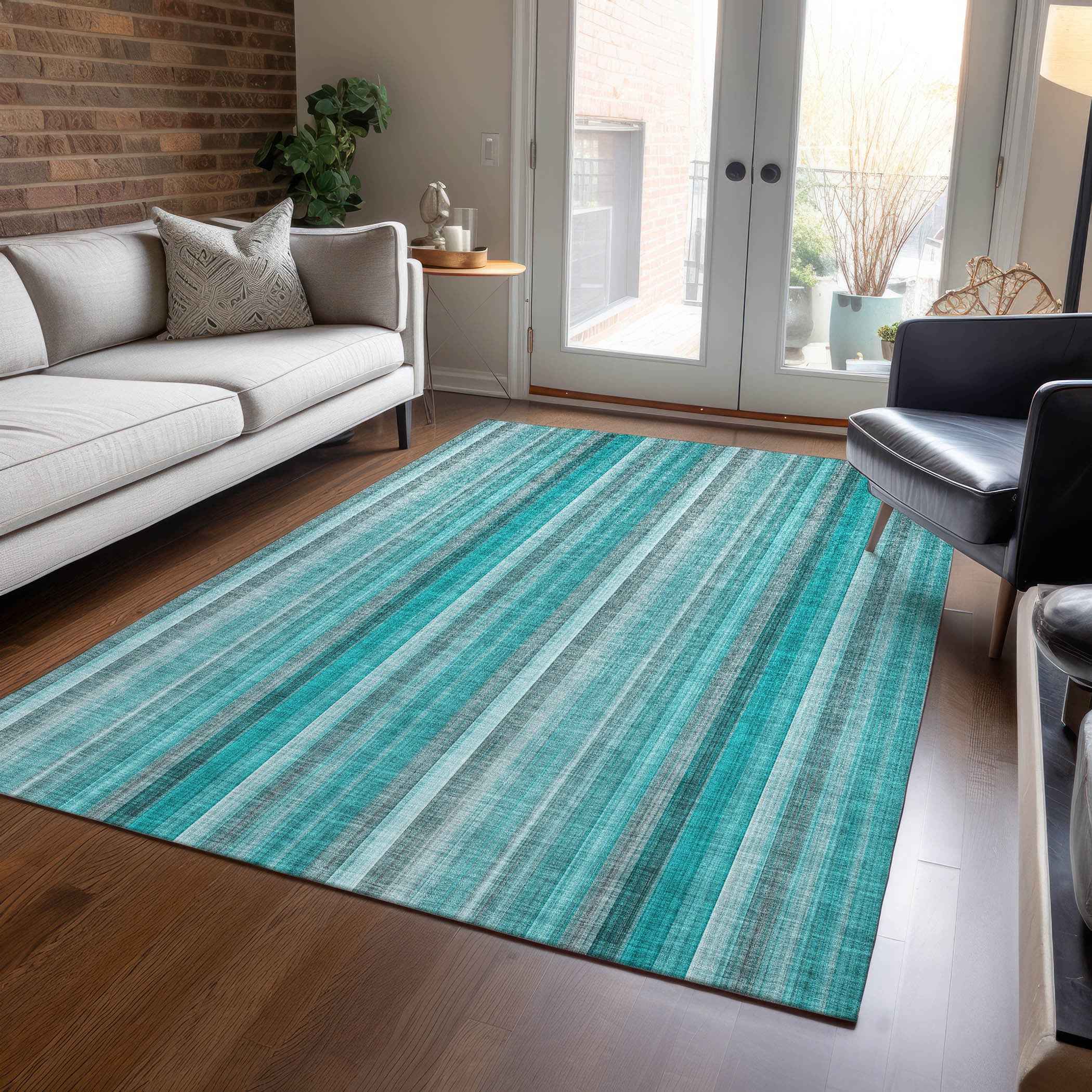 9' X 12' Teal and Gray Striped Washable Non Skid Indoor Outdoor Area Rug