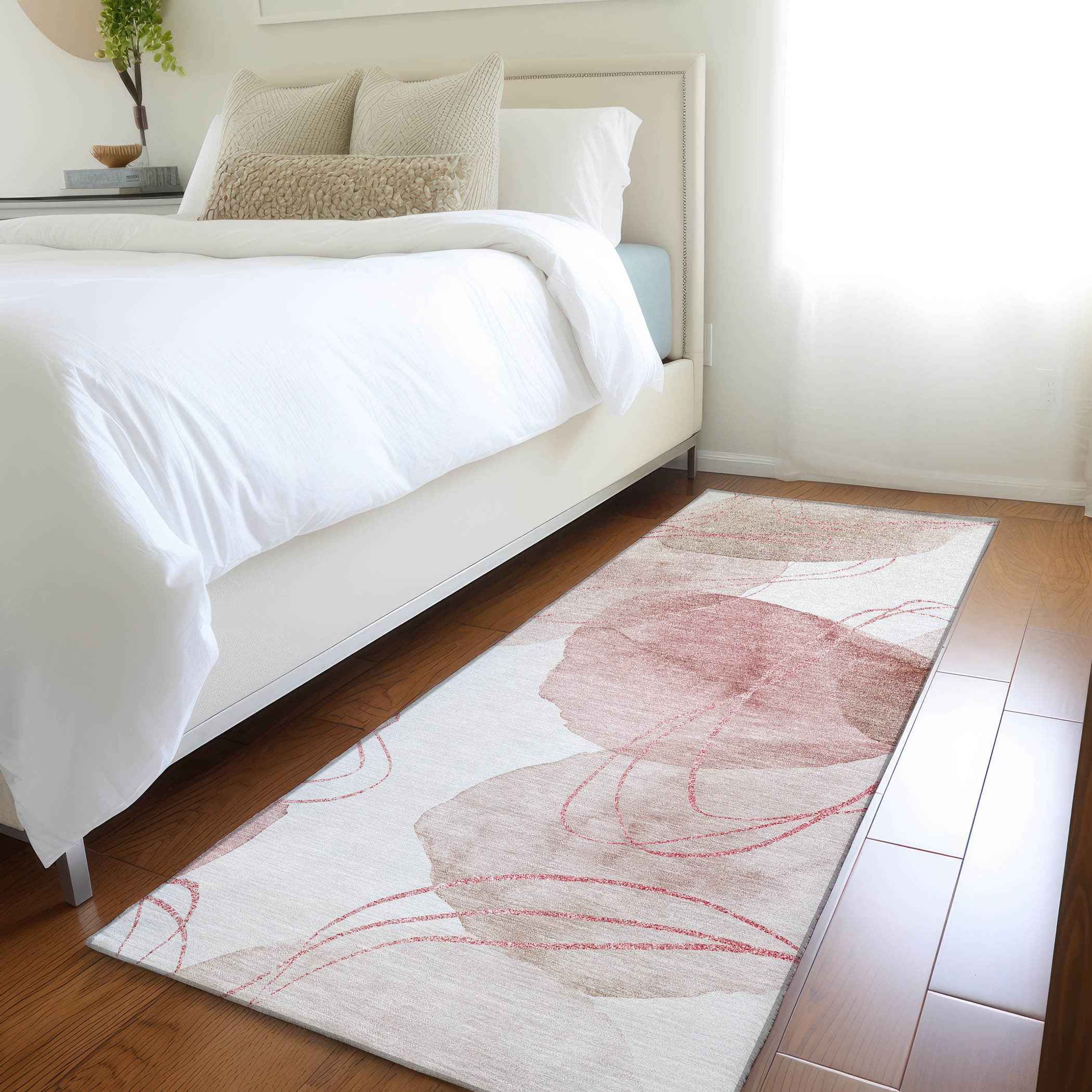 8' Runner Merlot and Ivory Abstract Washable Non Skid Indoor Outdoor Runner Rug