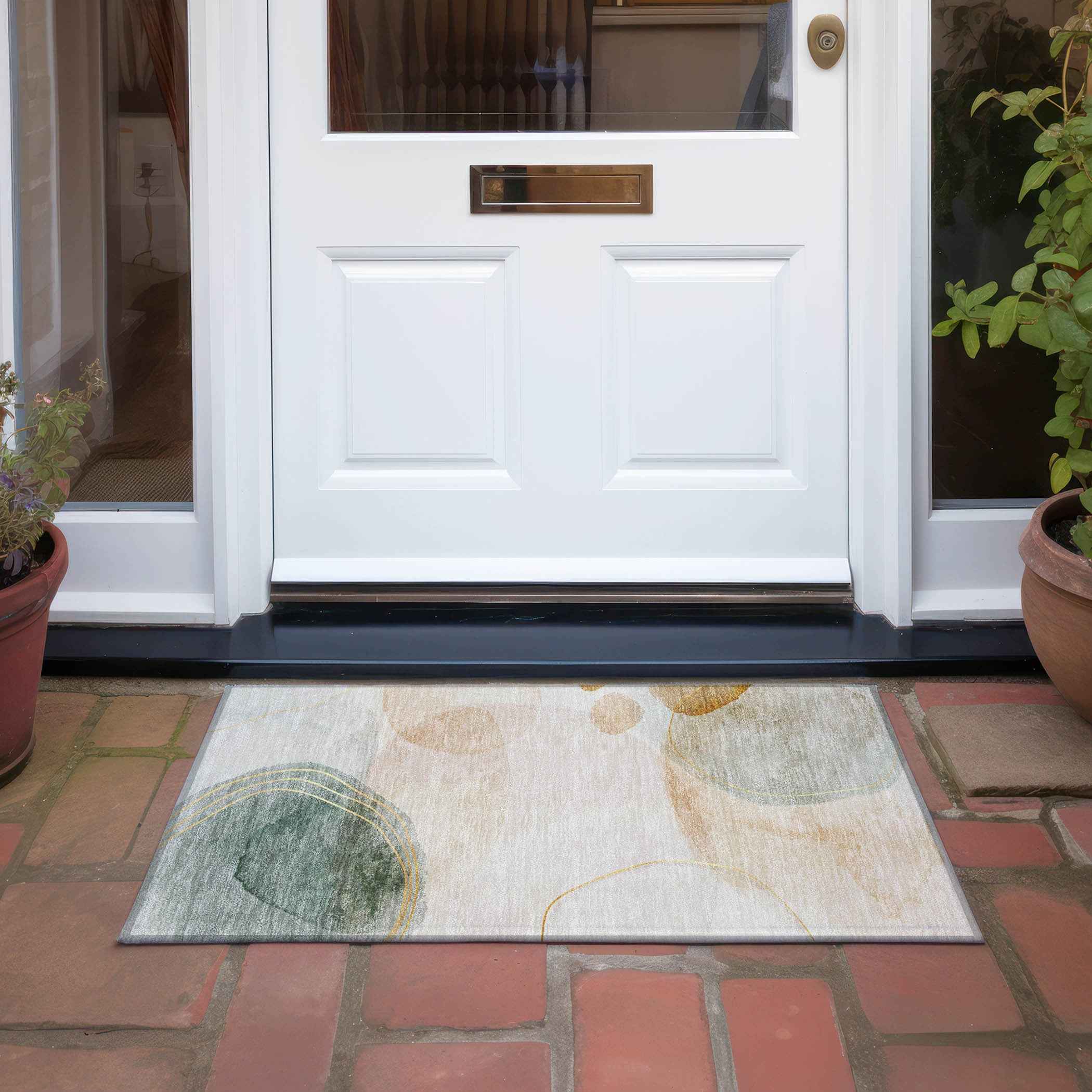 2' X 3' Beige and Green Abstract Washable Non Skid Indoor Outdoor Area Rug