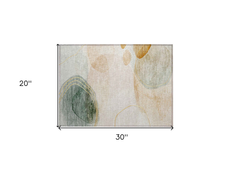 2' X 3' Beige and Green Abstract Washable Non Skid Indoor Outdoor Area Rug