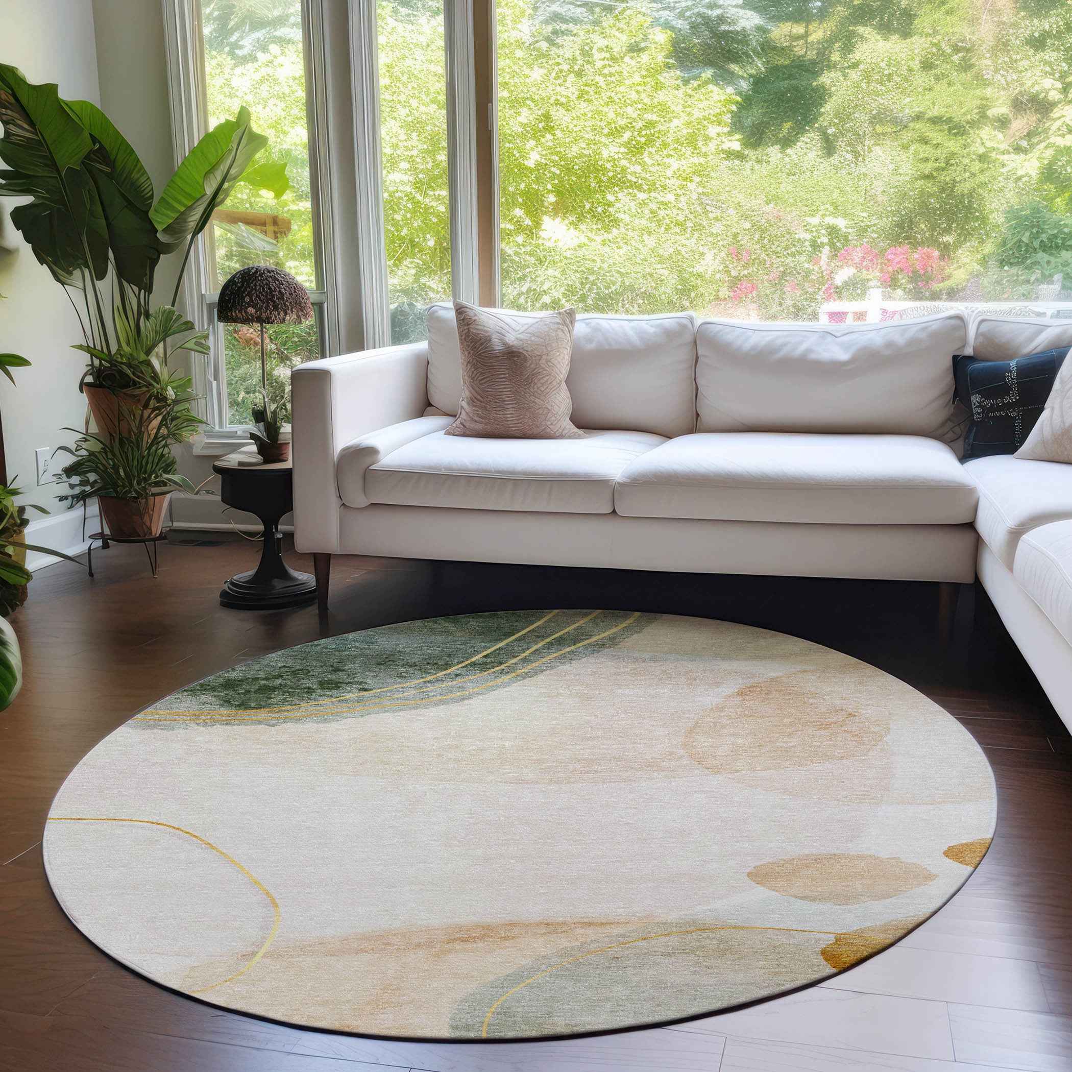 8' Round Beige and Green Round Abstract Washable Non Skid Indoor Outdoor Area Rug