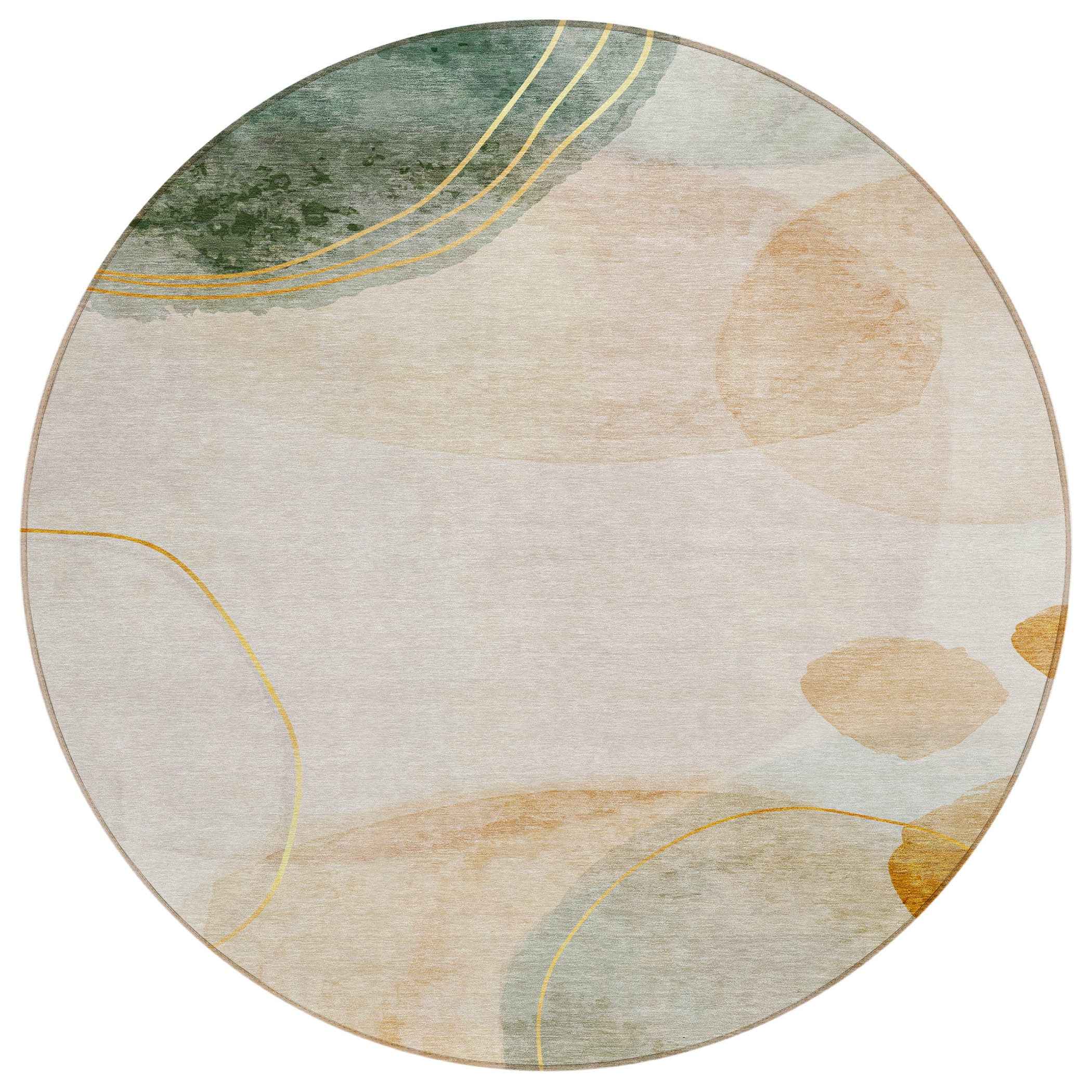 8' Round Beige and Green Round Abstract Washable Non Skid Indoor Outdoor Area Rug
