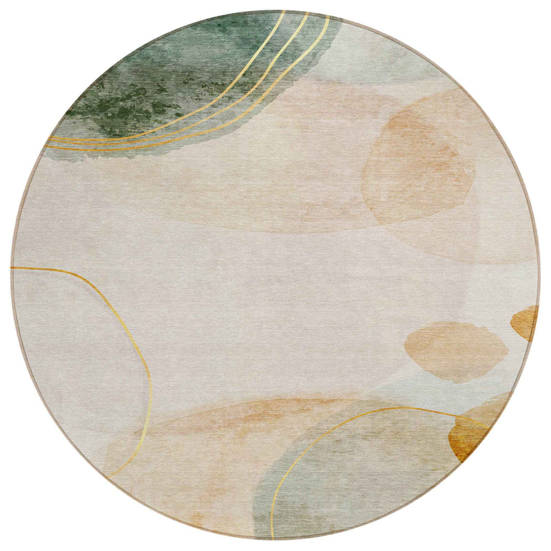 8' Round Beige and Green Round Abstract Washable Non Skid Indoor Outdoor Area Rug