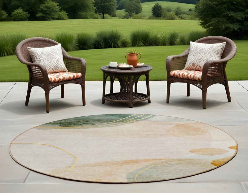 8' Round Beige and Green Round Abstract Washable Non Skid Indoor Outdoor Area Rug
