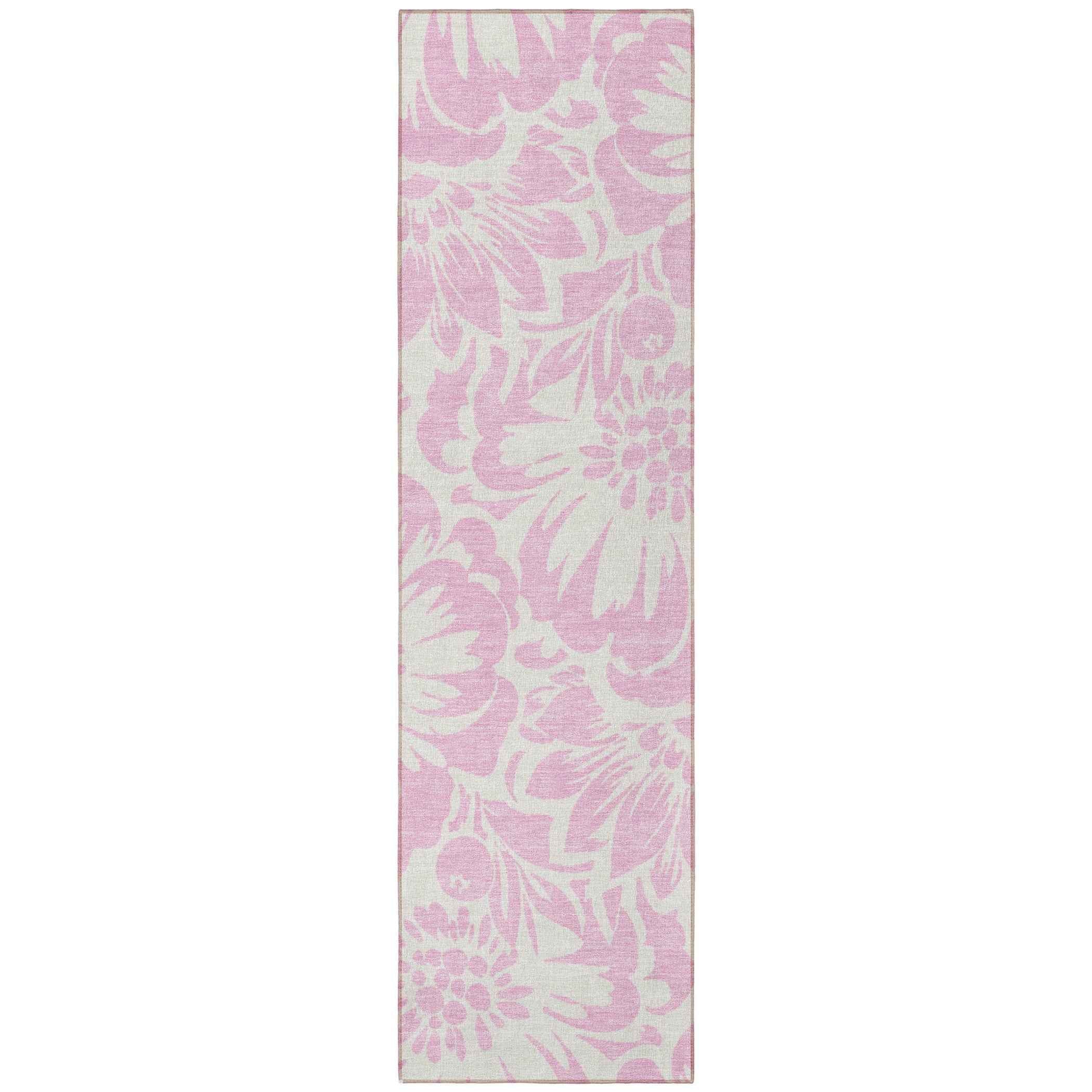 8' Runner Pink and Ivory Floral Washable Non Skid Indoor Outdoor Runner Rug