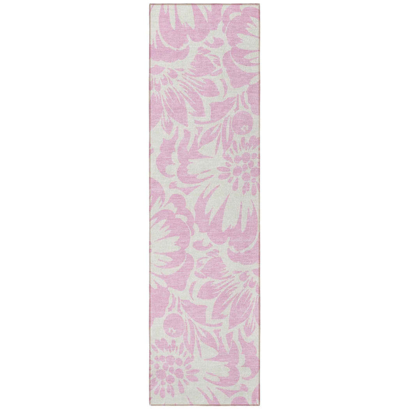 8' Runner Pink and Ivory Floral Washable Non Skid Indoor Outdoor Runner Rug