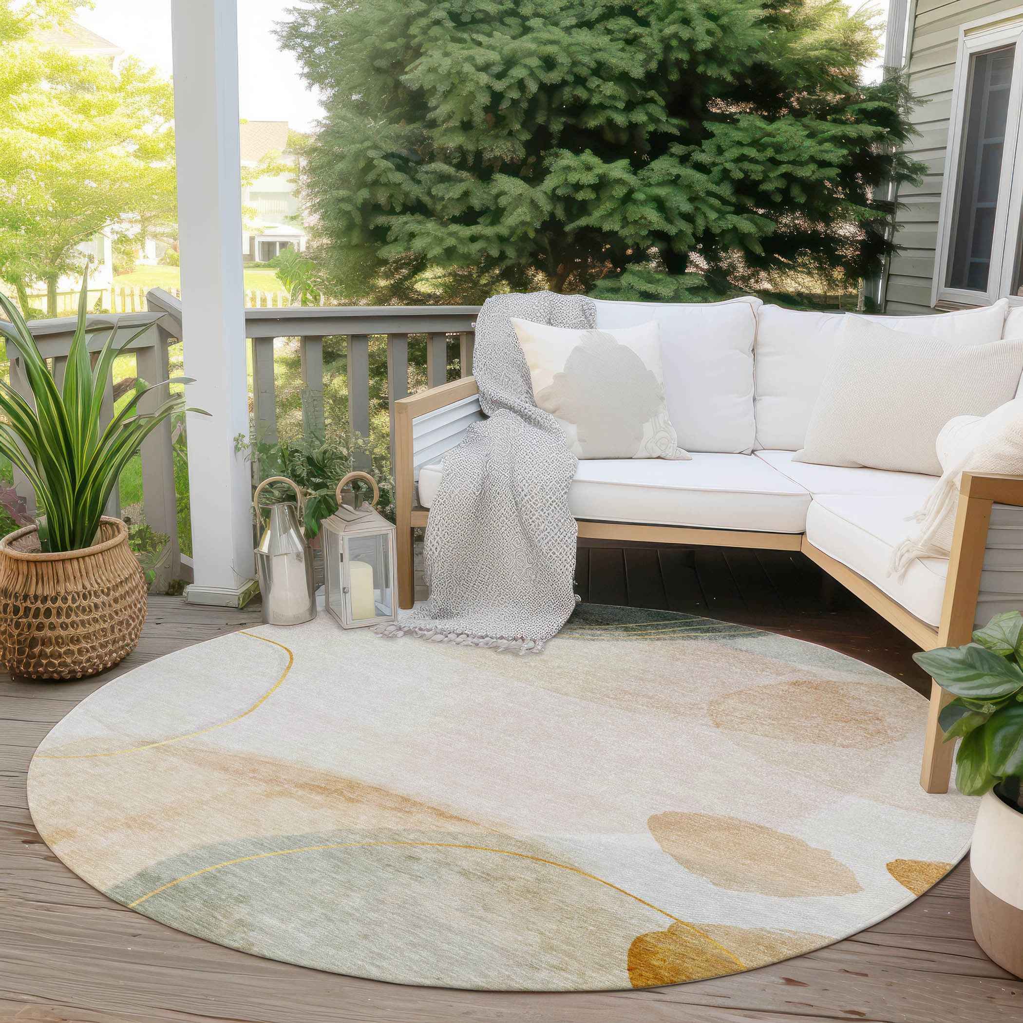 8' Round Beige and Green Round Abstract Washable Non Skid Indoor Outdoor Area Rug