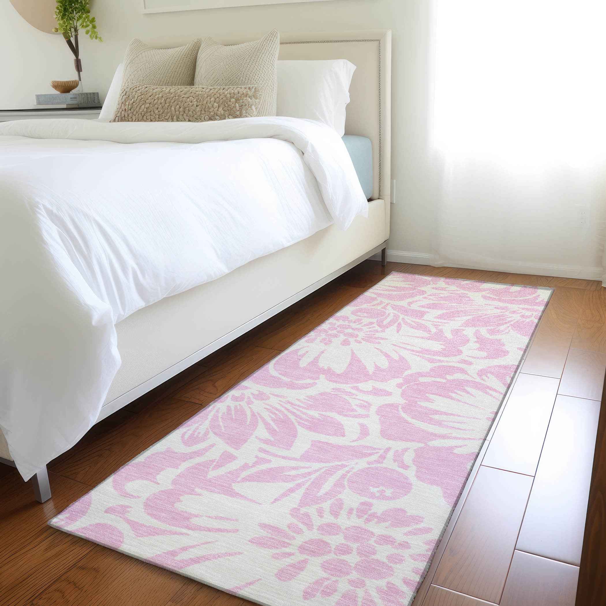 8' Runner Pink and Ivory Floral Washable Non Skid Indoor Outdoor Runner Rug