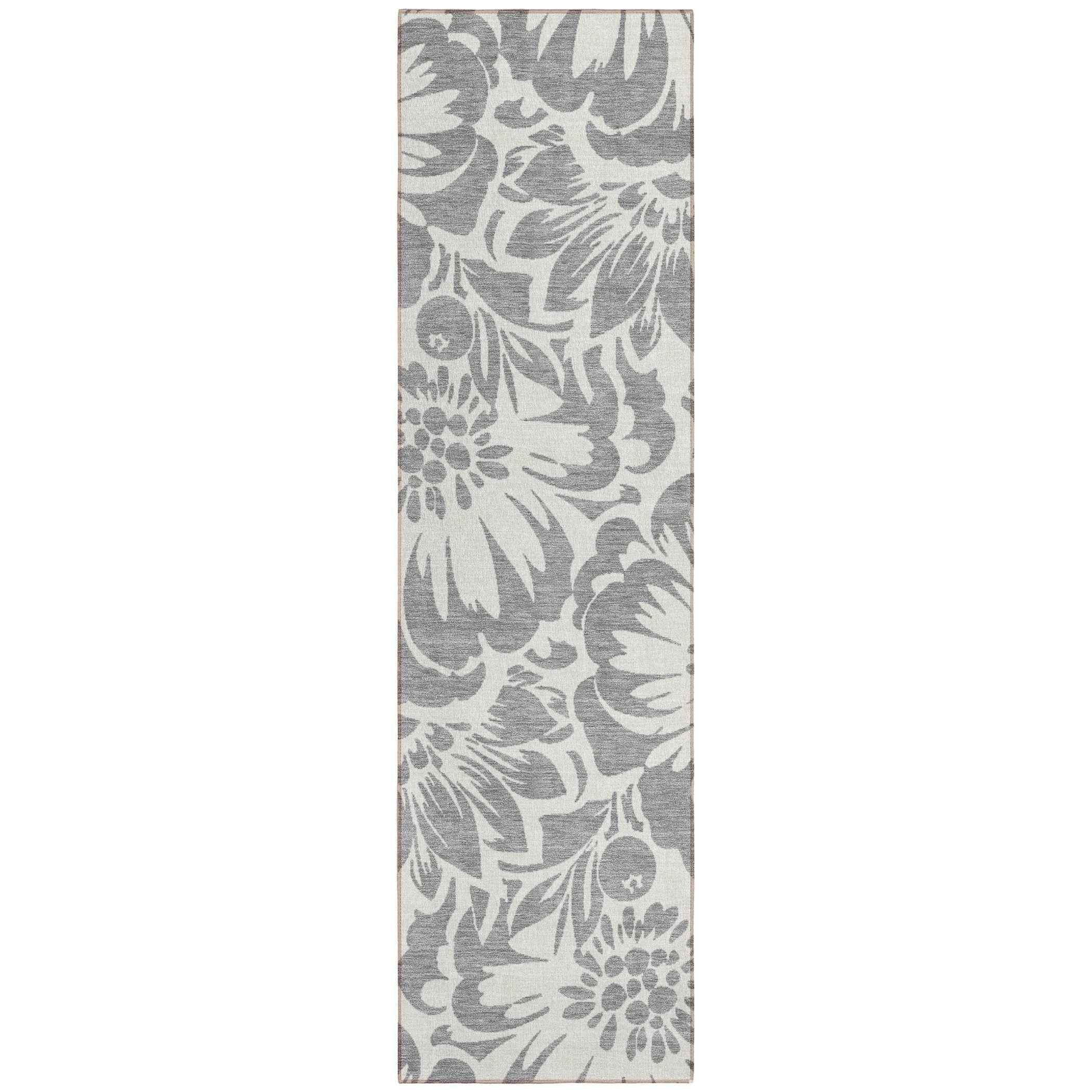 8' Runner Gray and Ivory Floral Washable Non Skid Indoor Outdoor Runner Rug