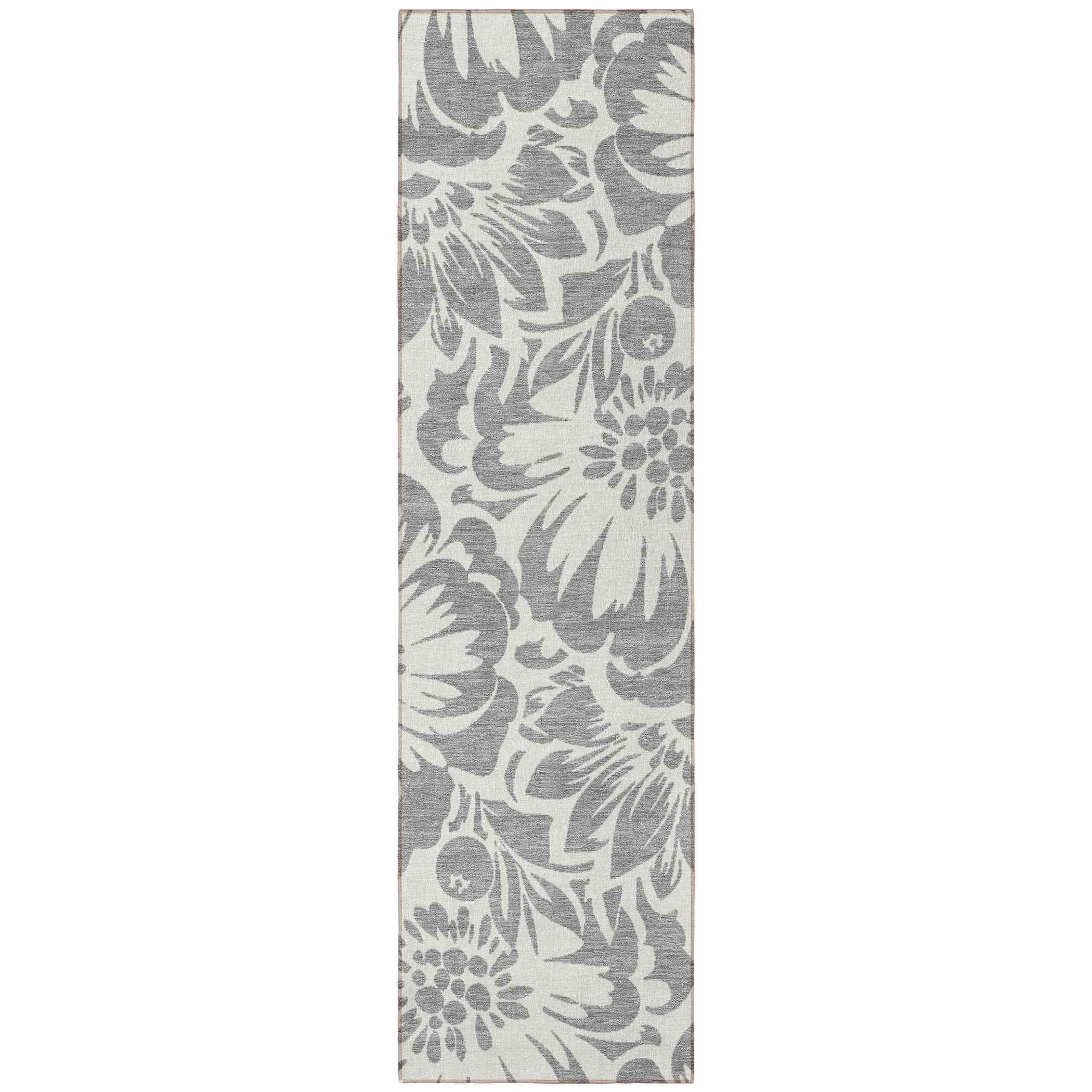 8' Runner Gray and Ivory Floral Washable Non Skid Indoor Outdoor Runner Rug