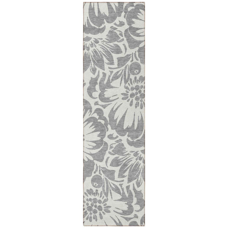 8' Runner Gray and Ivory Floral Washable Non Skid Indoor Outdoor Runner Rug