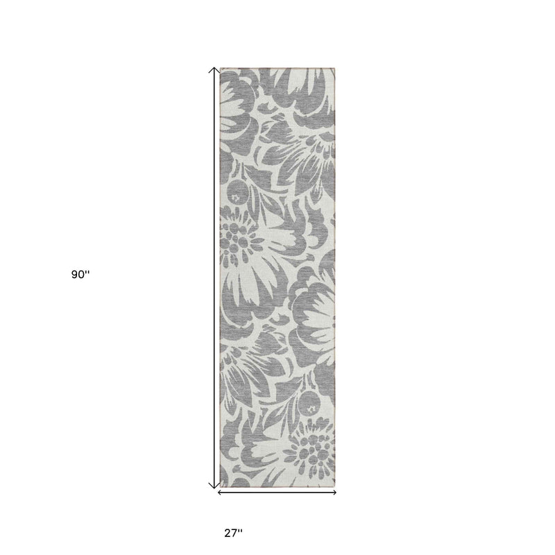 8' Runner Gray and Ivory Floral Washable Non Skid Indoor Outdoor Runner Rug