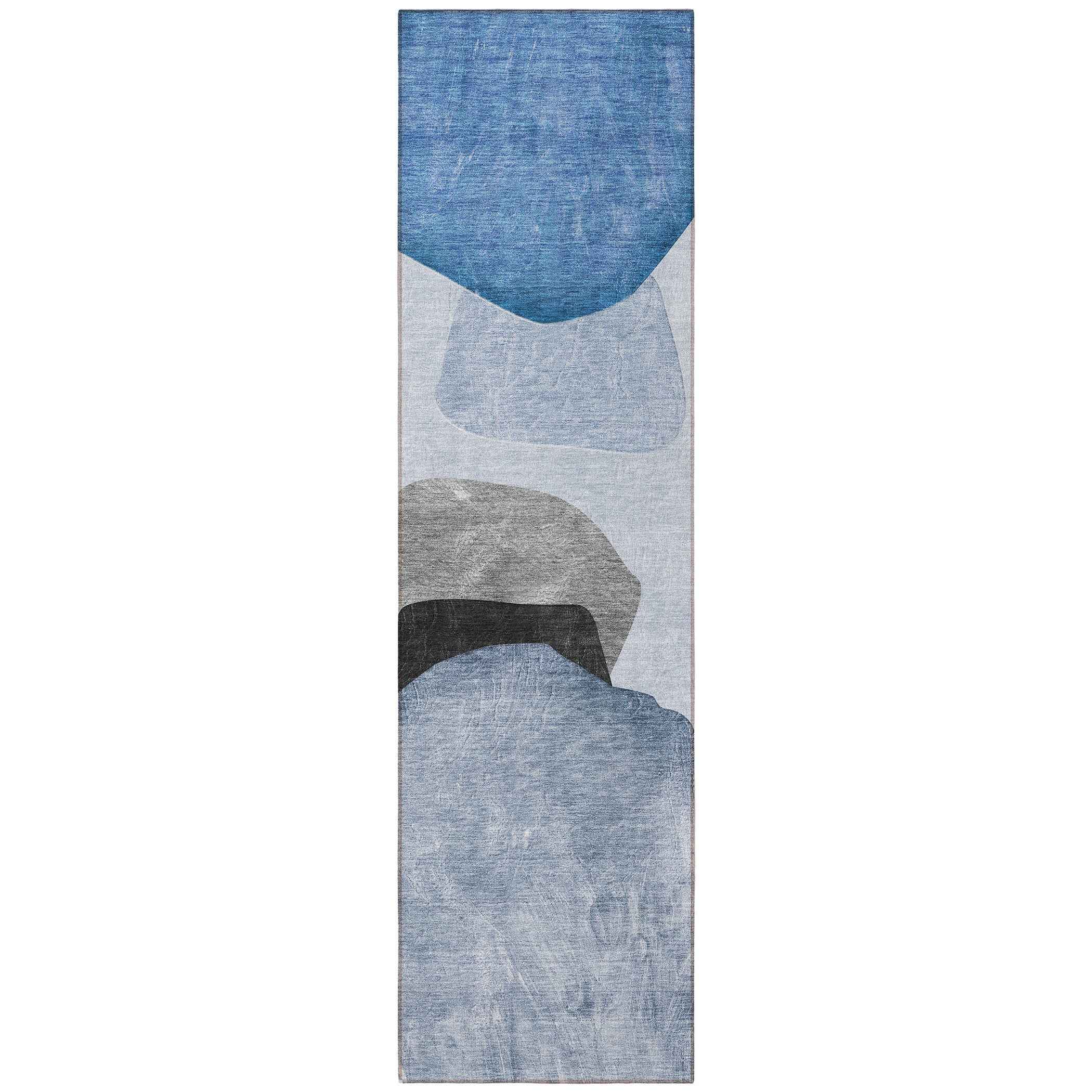 8' Runner Blue Gray and Black Abstract Washable Non Skid Indoor Outdoor Runner Rug