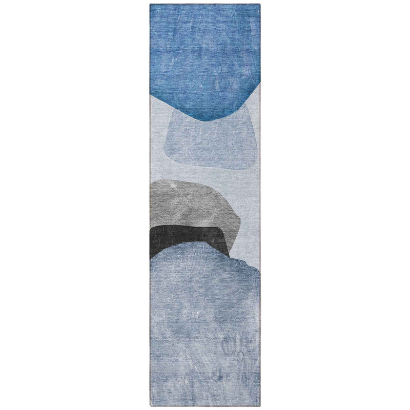 8' Runner Blue Gray and Black Abstract Washable Non Skid Indoor Outdoor Runner Rug