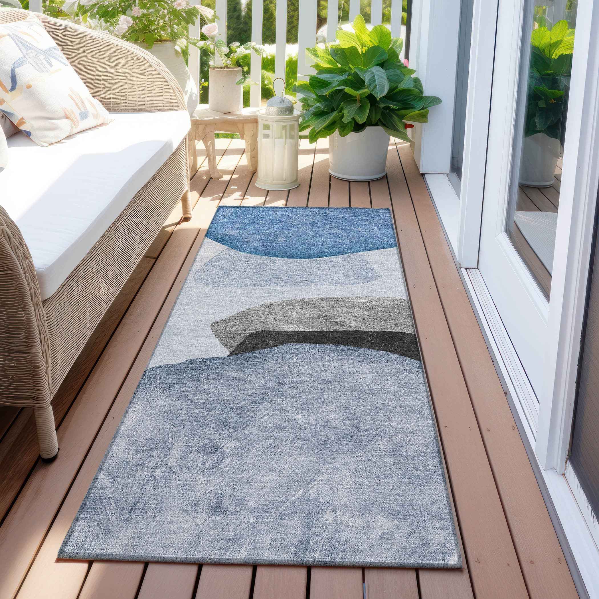 8' Runner Blue Gray and Black Abstract Washable Non Skid Indoor Outdoor Runner Rug