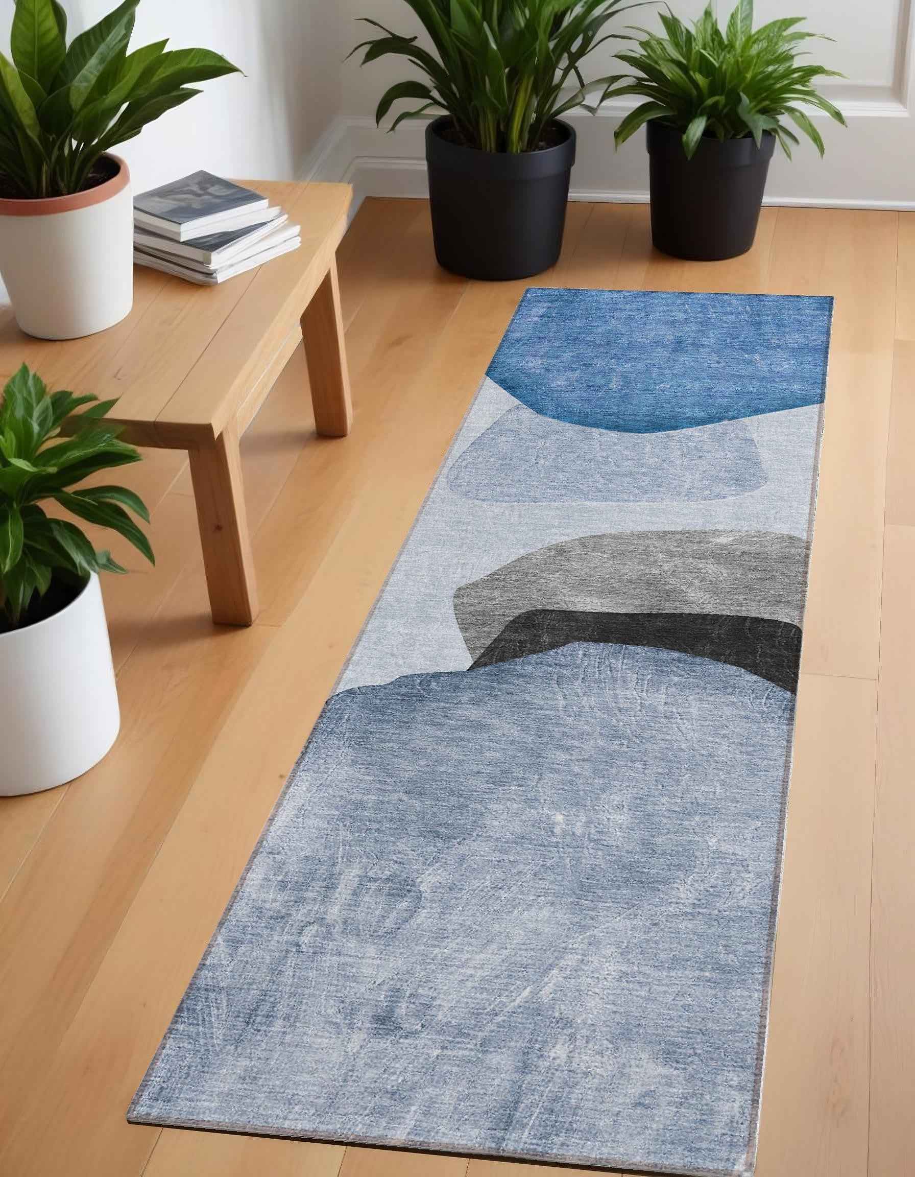 8' Runner Blue Gray and Black Abstract Washable Non Skid Indoor Outdoor Runner Rug