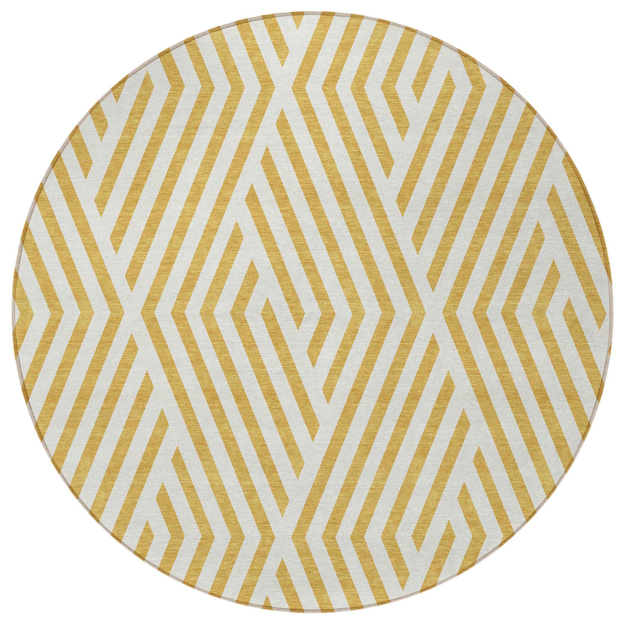 8' Round Gold and White Round Geometric Washable Non Skid Indoor Outdoor Area Rug