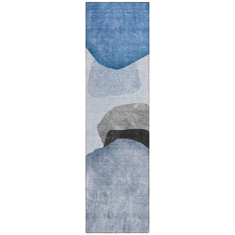 8' Runner Blue Gray and Black Abstract Washable Non Skid Indoor Outdoor Runner Rug