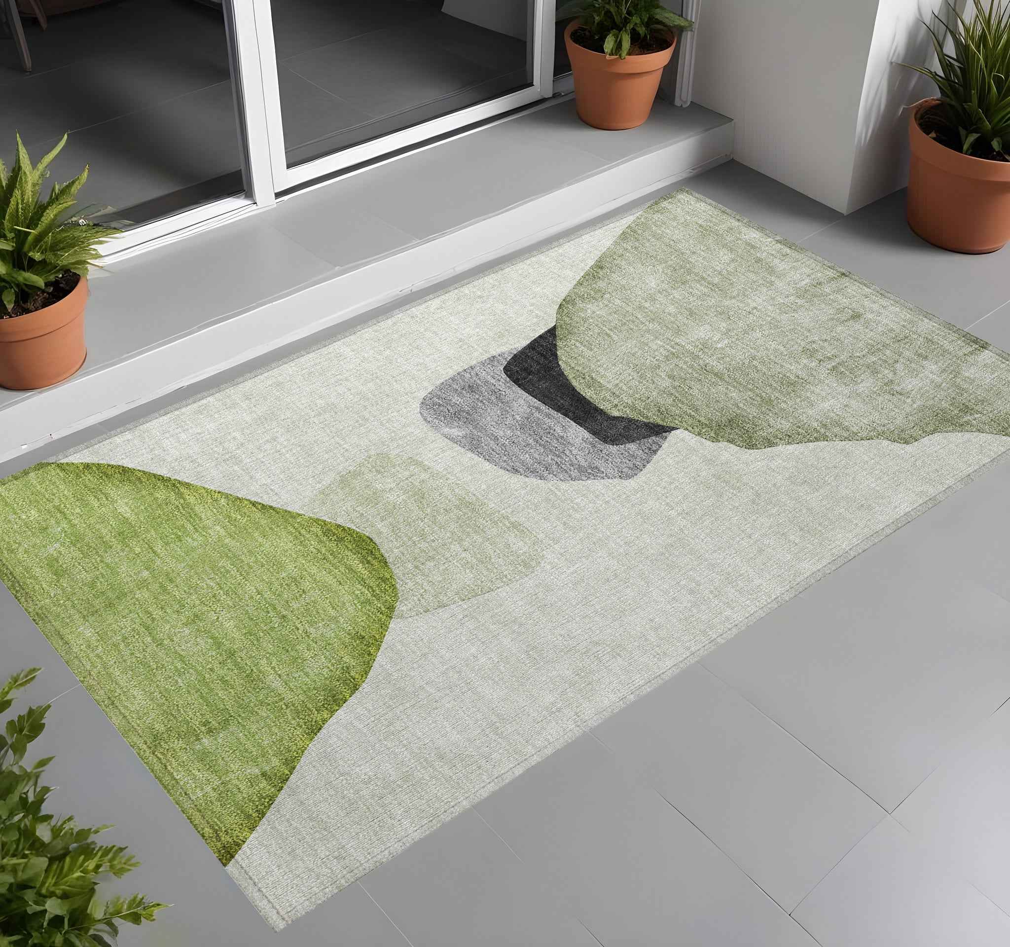 3' X 5' Green Black and Gray Abstract Washable Non Skid Indoor Outdoor Area Rug